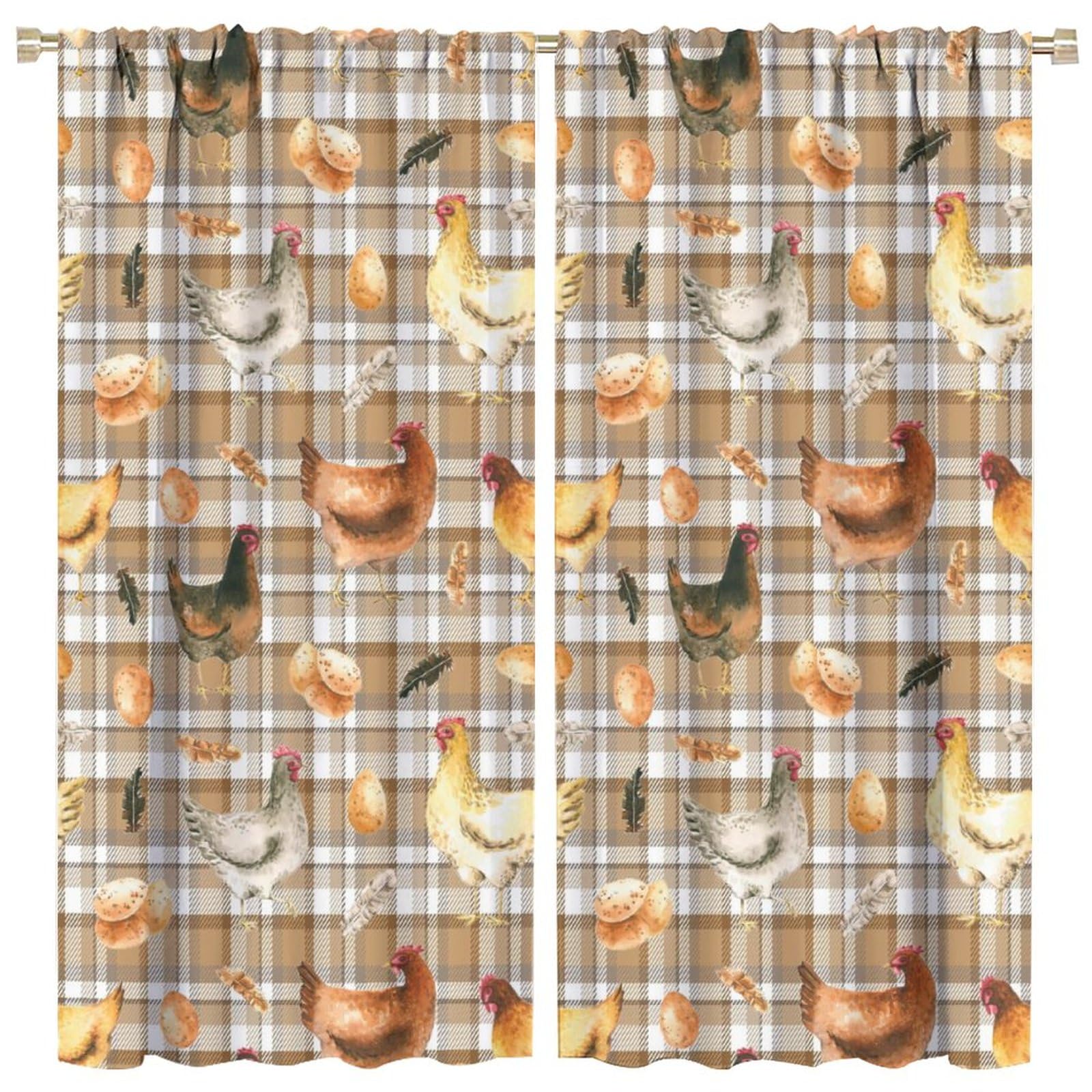HZOHNAGO Chicken Curtains Vintage Farmhouse Brown Chicken Egg Feather Blackout Print Rod Pocket Window Drapes for Bedroom Living Room 84x84in