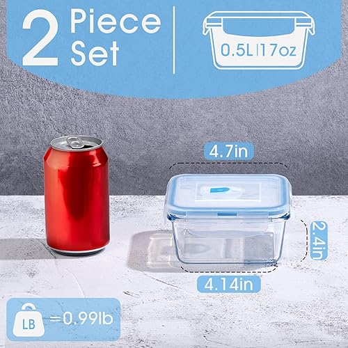 Miniatura 2 de NUTRIUPS Juego de 2 recipientes de vidrio para almacenamiento de alimentos de 0.5L, recipientes cuadrados para preparación de comidas, contenedores