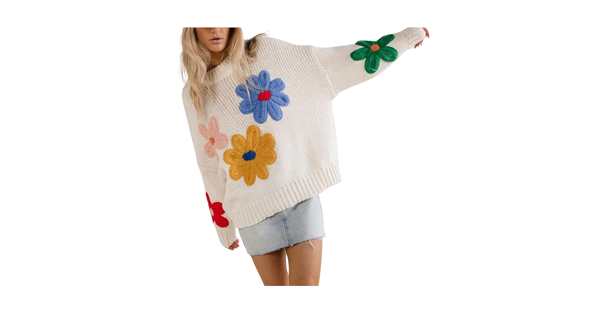 Women Floral Sweater Long Sleeve Round Neck Casual Lounge