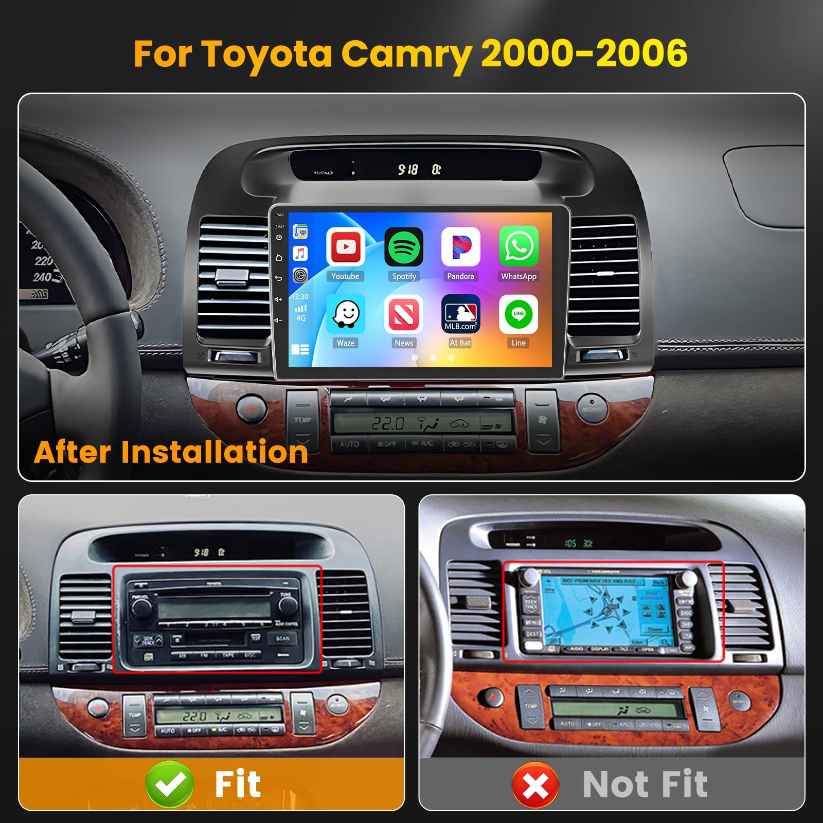 [2+64G] Hikity Android 15 Car Stereo for Toyota Camry 2000 2001 2002 2003 with Wireless Carplay Android Auto, 9