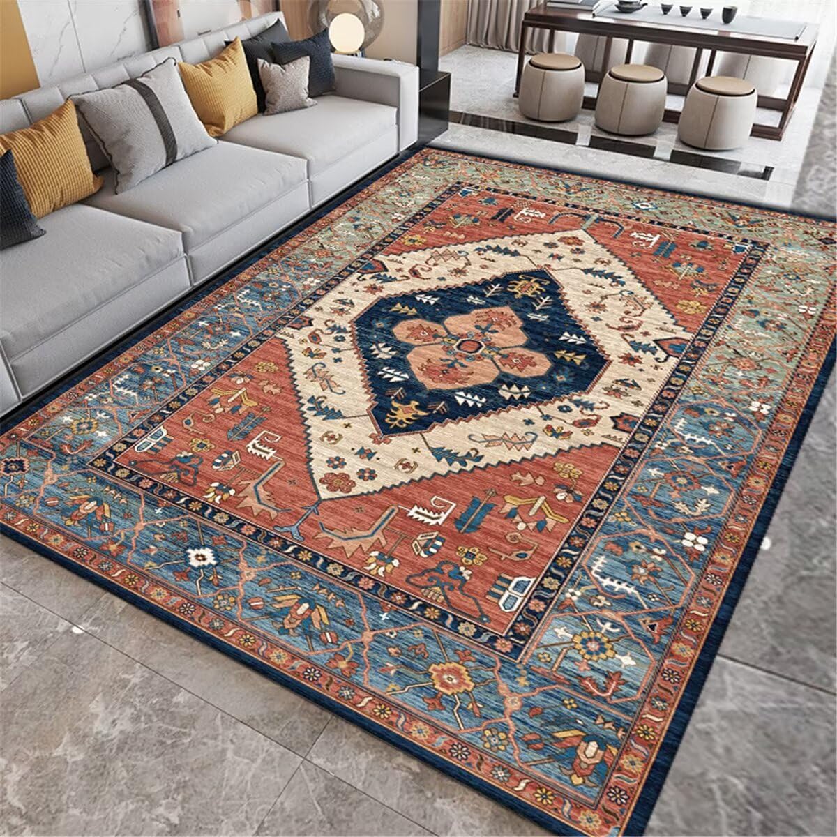 Tapis de chambre style rétro rouge pour un salon cosy