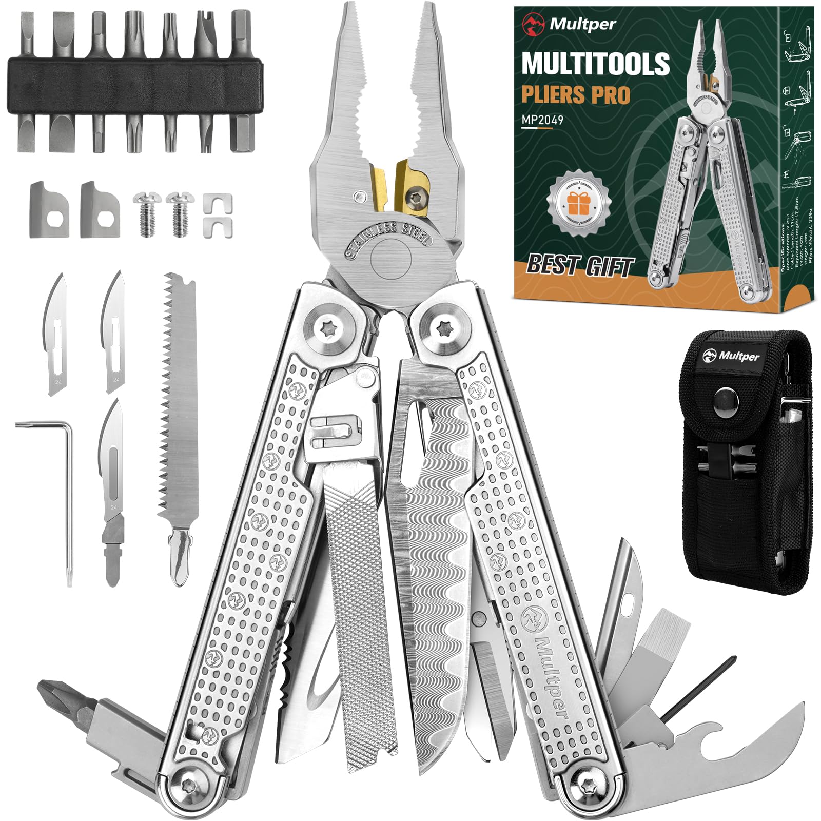 Multper Multiherramienta de Alicates, Navaja Multiusos de Acero Inoxidable con Cuchillo Damasco, Portátiles Alicates Plegables para la Trabajo Exterior, Camping, Reparación, Regalos para Hombres -PRO