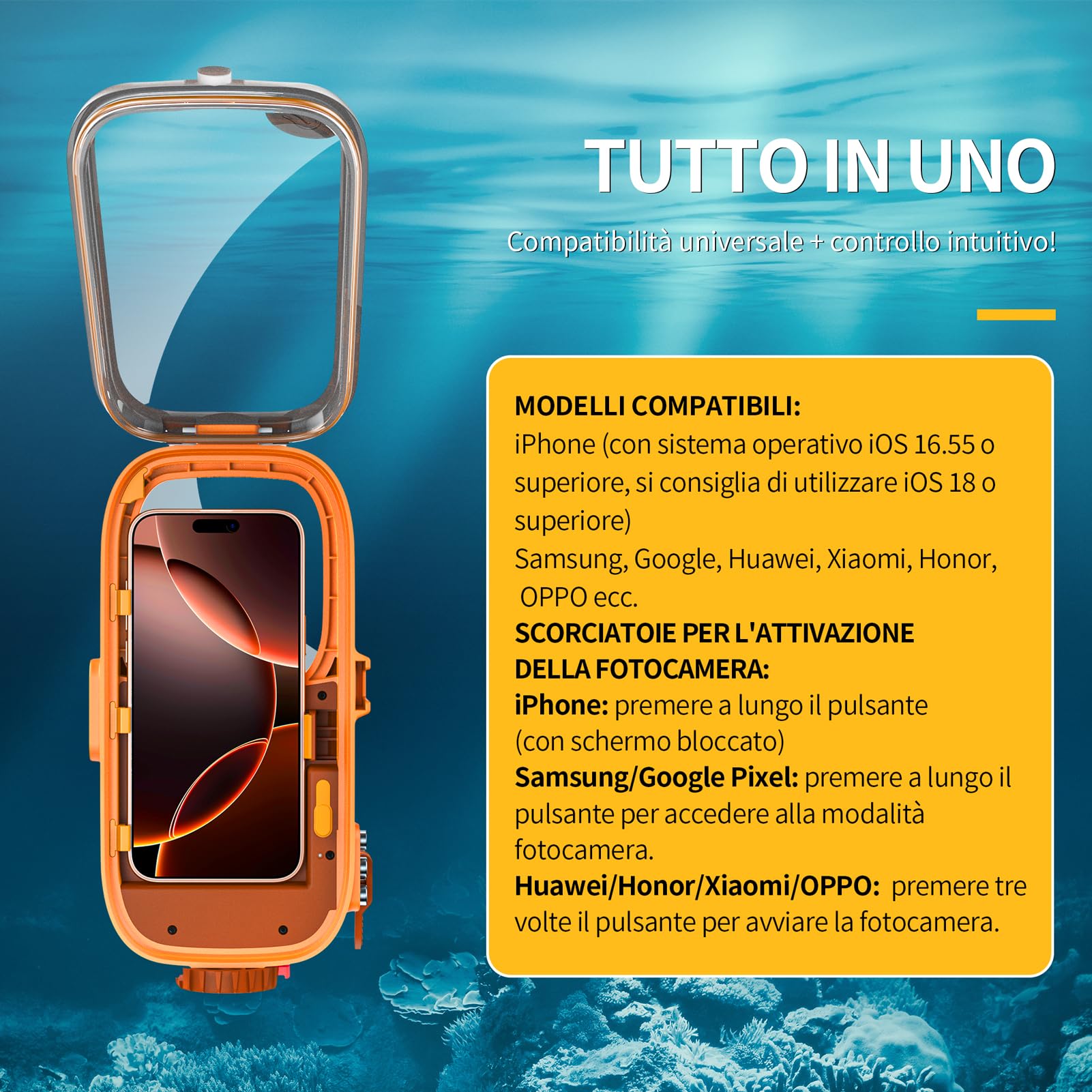 Lanhiem Custodia Impermeabile Professionale Subacquea IP68 15M - Per Telefoni iPhone,Samsung,Huawei e Xiaomi (fino a 6,9") Controllo Fotografico Bluetooth per le Vostre Avventure,Arancione