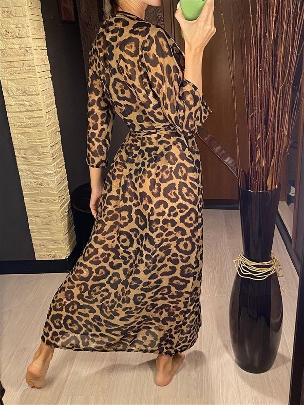 Langes Strandkleid aus Chiffon Strandkleid mit Leopardenmuster, Chiffon-Vertuschungen, Badebekleidung, Sommer-Beachwear for Damen, langes Kleid