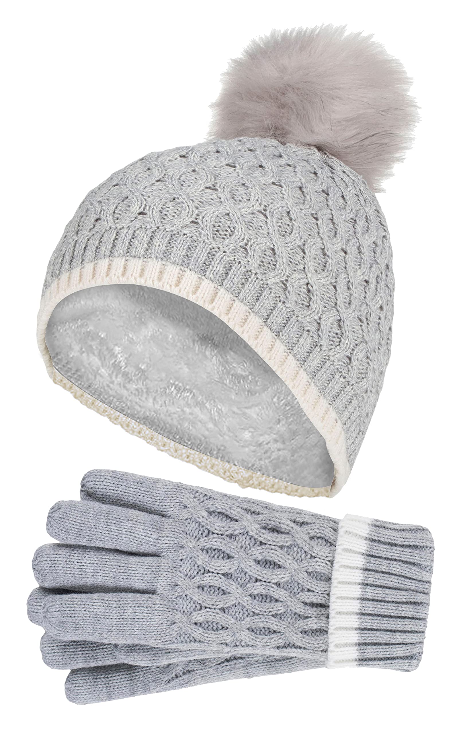 Heat Holders Girls Pom Pom Beanie Hat & Gloves Set - Ice Palace Theme - Thermal Insulated - 7-10 Years - Grey