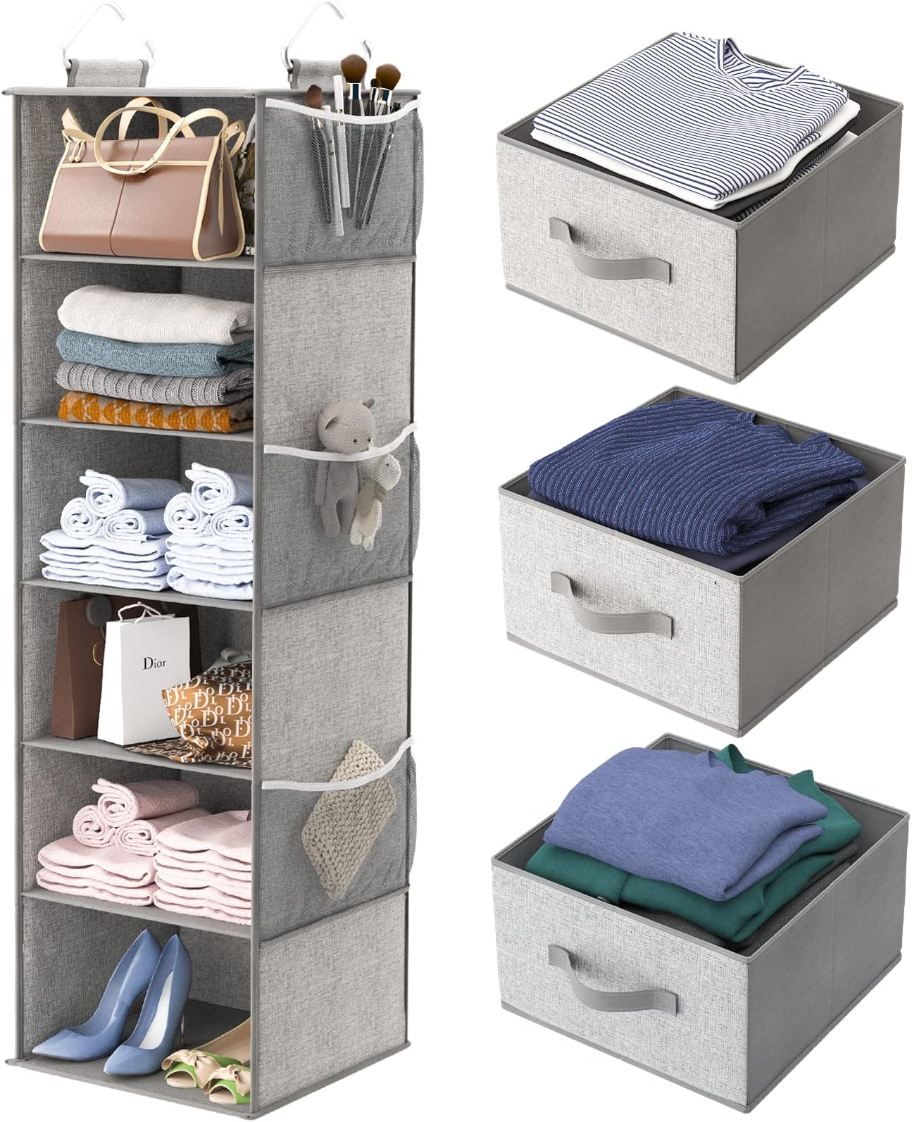 Hanging Closet Organizer 6-Shelf, Hanging Shelves for Closet with 3 Divisible Drawers & Side Pocket, Linen, 11.4''W x 12''D x 43.3''H, Grey