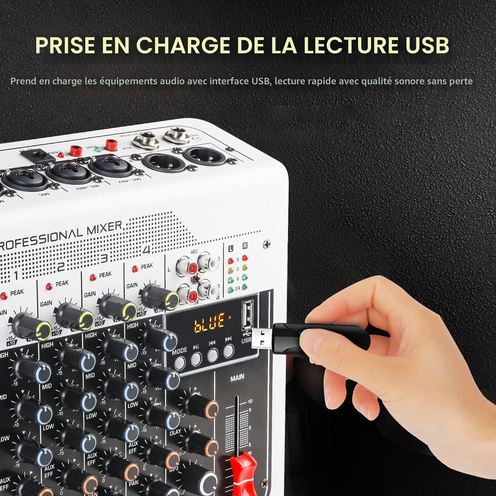 4 Canaux Table de Mixage Audio Console de Mixage Compacte, Console Son Mixeur Audio DJ Avec FX Reverb Retard Effets Et Alimentation Fantôme 48V Partageable Bluetooth ou MP3 avec Interface USB Audio
