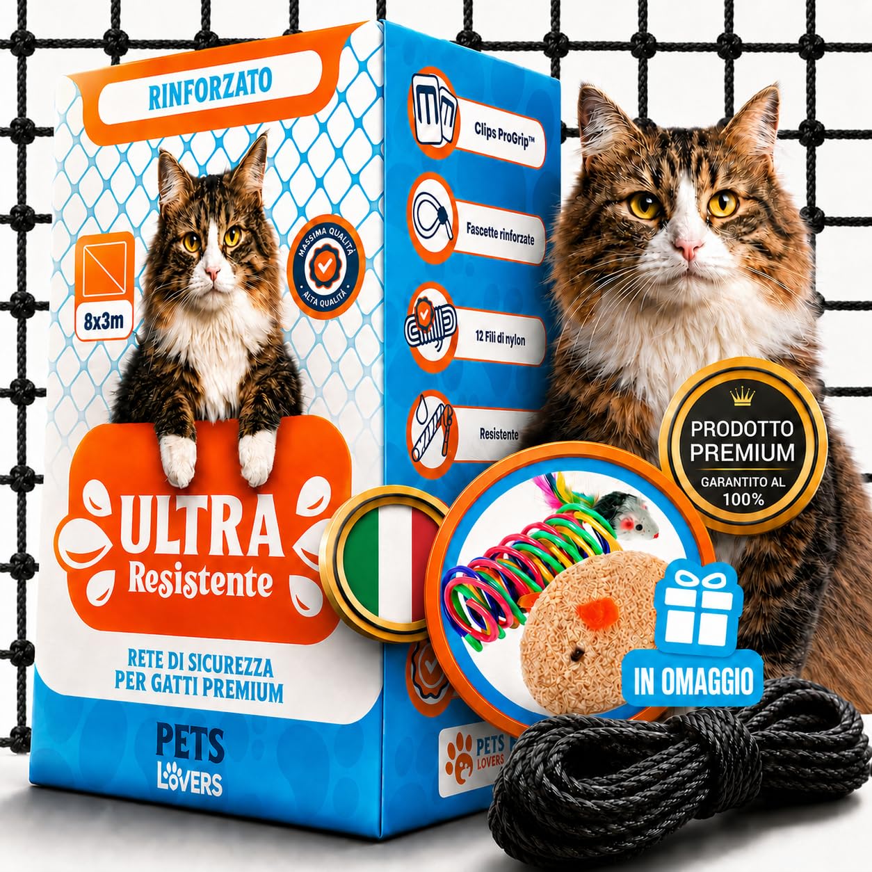 Rete per Gatti Rinforzata con Acciaio Inossidabile 8x3m Nero Anti UV | Kit di Montaggio Senza Trapano, incl. 2 Giocattoli, Rete Gatti Balcone, Rete Balcone per Gatti, Rete per Balcone Esterno