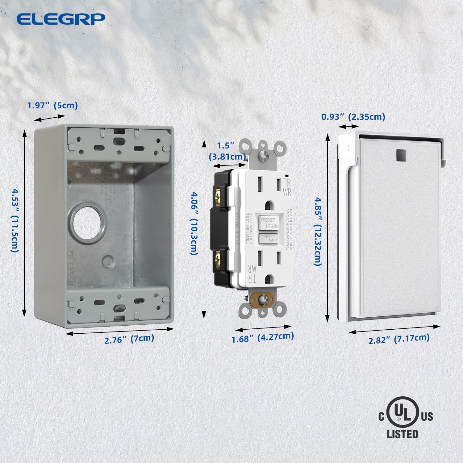 ELEGRP GFCI Kit de prise électrique 15 A, WR, avec plaque murale résistante aux intempéries, blanc, 1 paquet