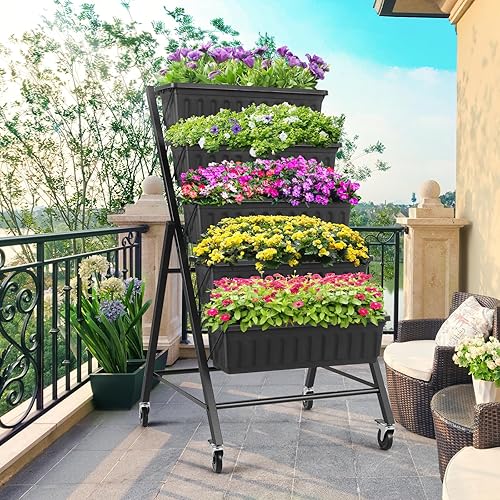 Homdox Macetero vertical de jardín de 5 niveles con ruedas giratorias con cerradura, maceta elevada de metal para macetas de flores y verduras en
