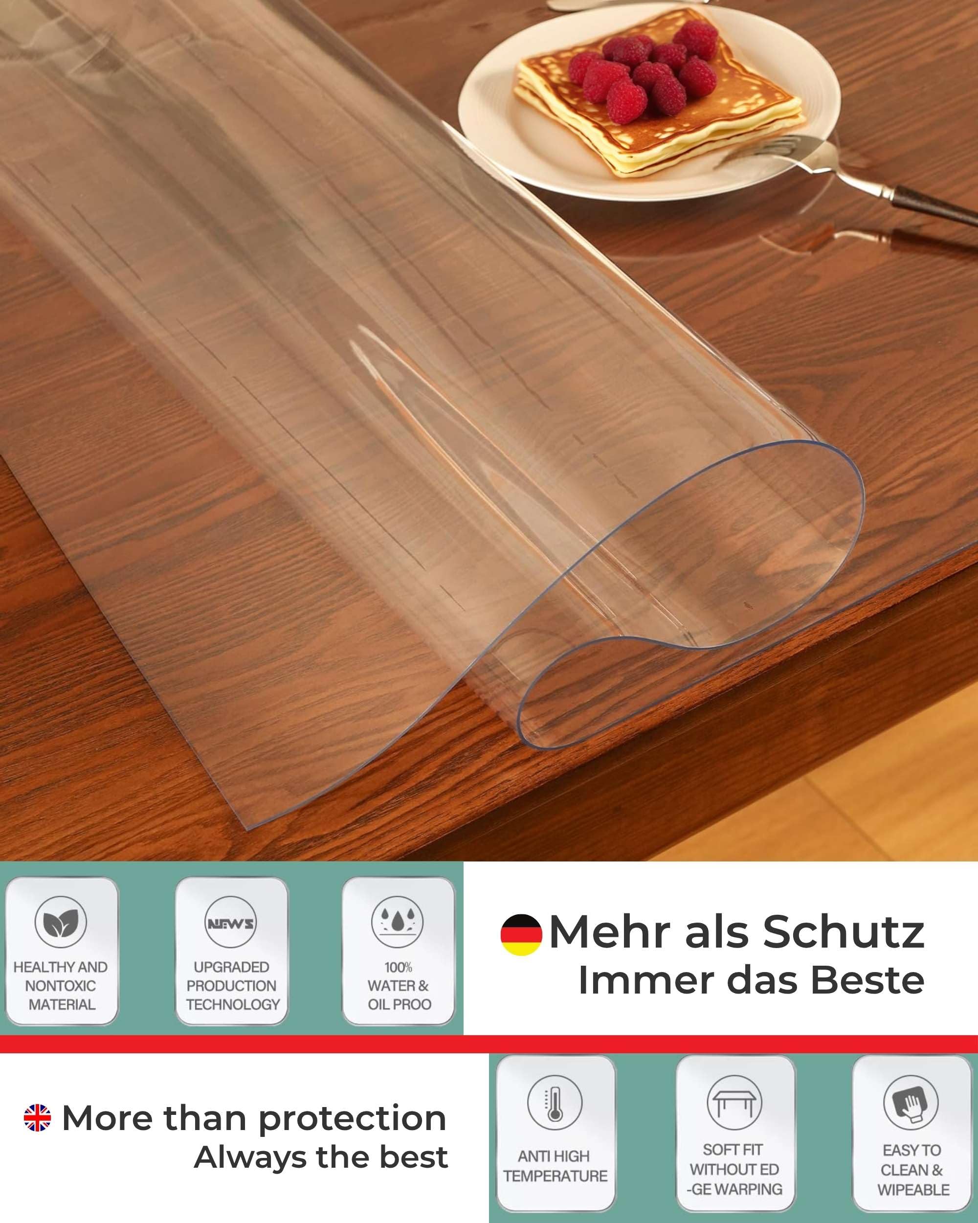 Artwelt Nappe Film de Table Transparent 2.0mm Polyvinylchloride Imperméable et Lavable Taille Souhaitée Film de Protection de Table Anti-Graisse (160cm X 90cm)