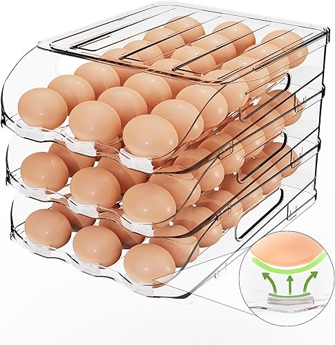 Soporte de Huevos para Refrigerador, Dispensador de Huevos Automático de Rodamiento Estable con Parachoques de Silicona y Asa para Nevera,