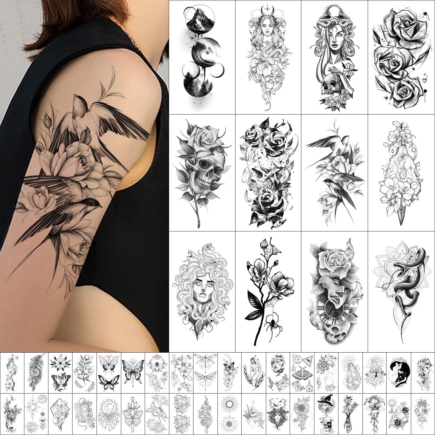 GLARYYEARS Temporary Tattoo for Women 48-Pack Long-lasting Realistic Tattoos, 12 Large + 36 Small Fake Tattoo Sticker