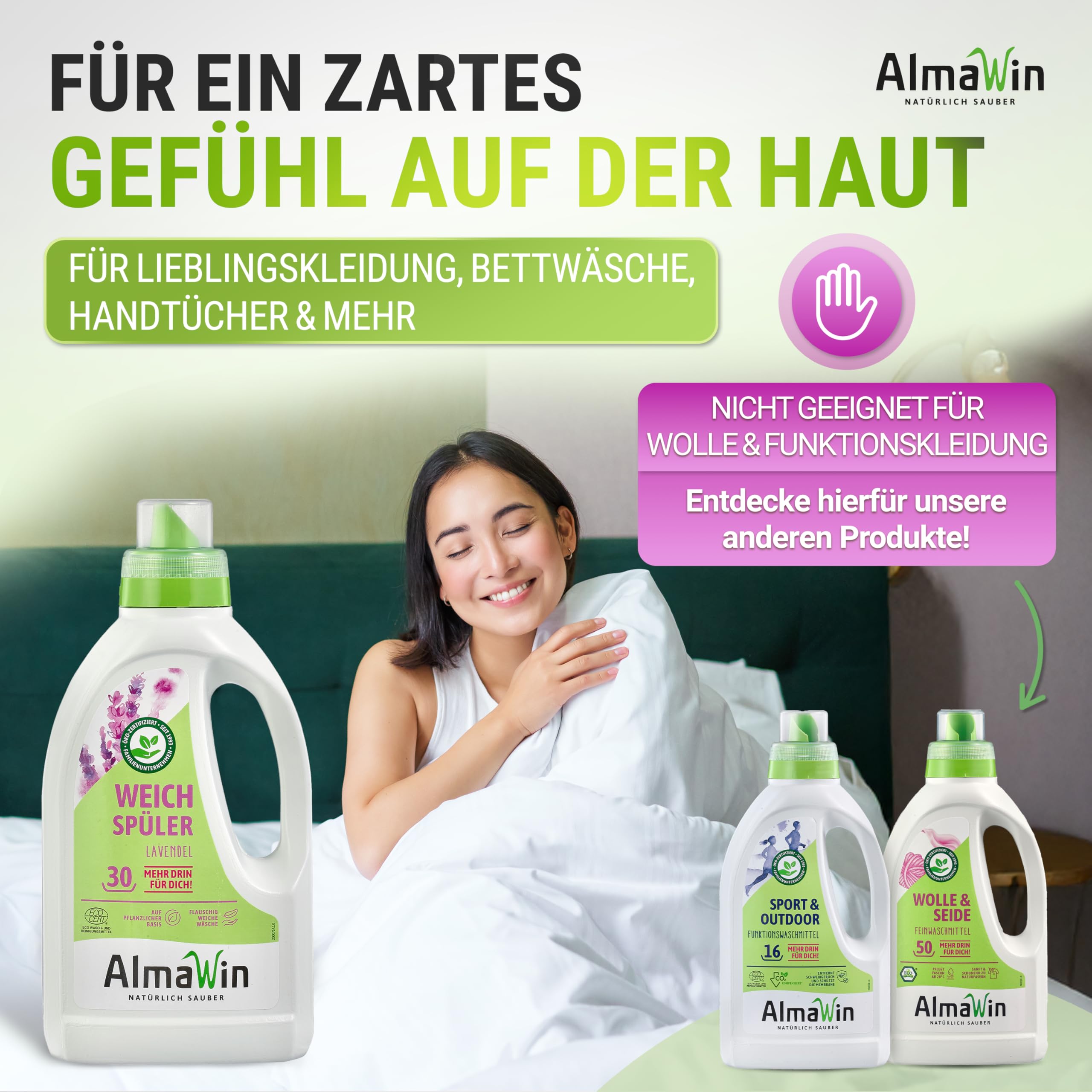 AlmaWin® Weichspüler mit Lavendel-Duft [6x 750ml - 180 Ladungen] für kuschelweiche Wäsche - Veganer Weichspüler Bio kombinierbar mit allen Waschmitteln - Flüssiger Weichspüler Öko Softener