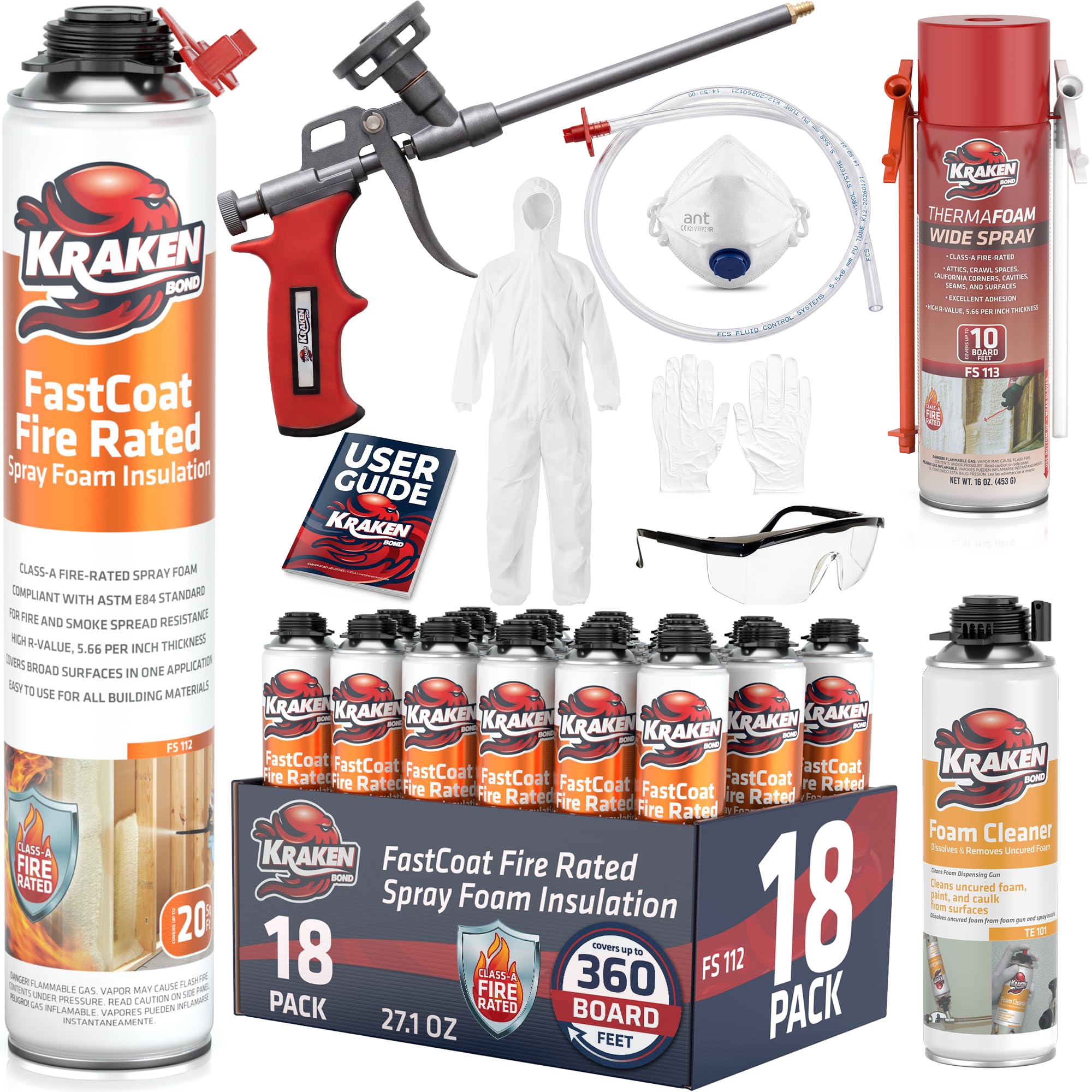 Kraken Bond Fastcoat Fire Rated Spray Foam Insulation Closed Cell in a Can 360 sq ft (18x27.1 oz.) (R-Value 11.32 / 2in) - Spray Foam for Garage Door,