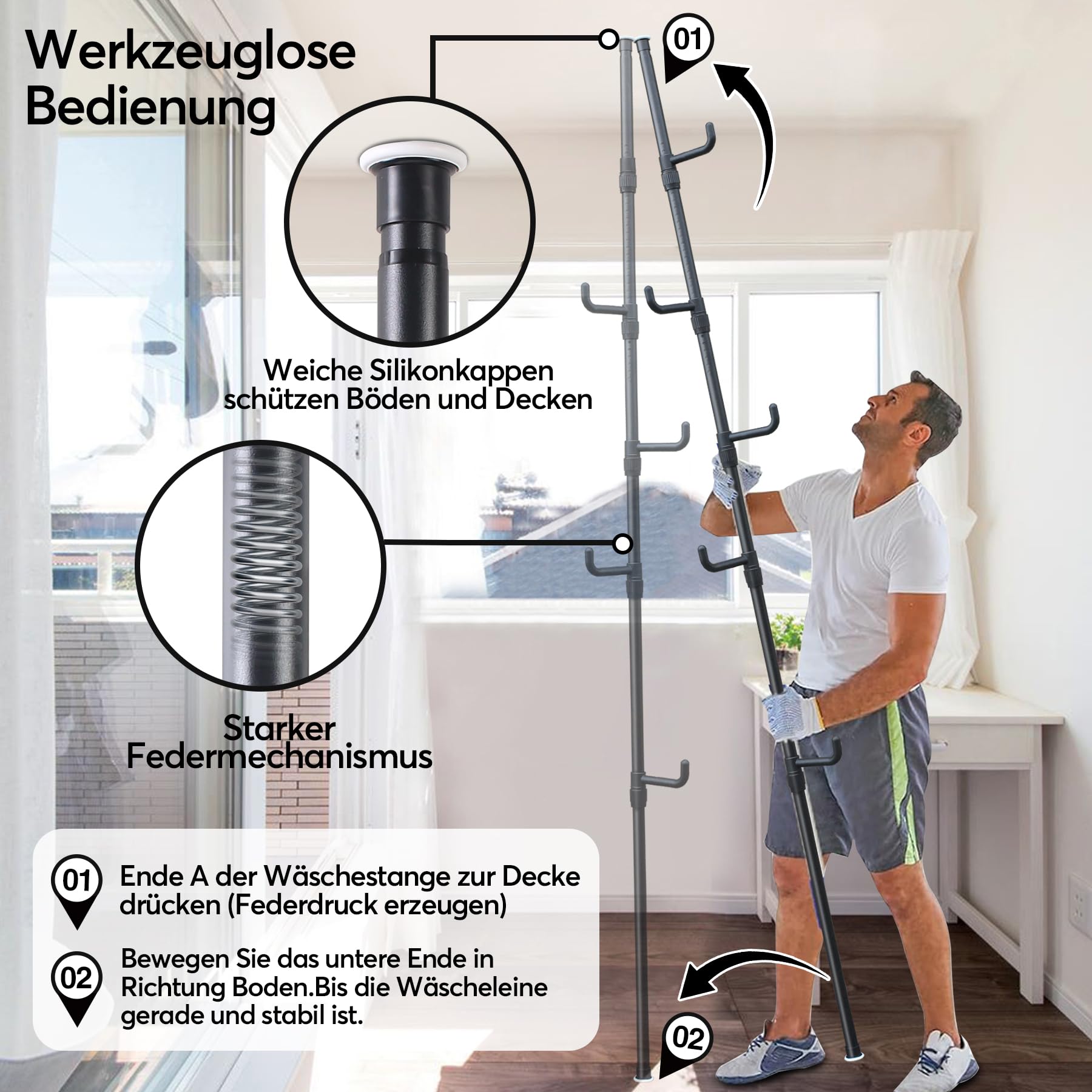 Teleskop kleiderständer mit 5 Haken, Schwarz Garderobenständer Ausziehbar 110-310cm, Kleiderstange Decke Ohne Bohren für Flur Schlafzimmer Wohnzimmer Büro Kleidung Hüte Taschen