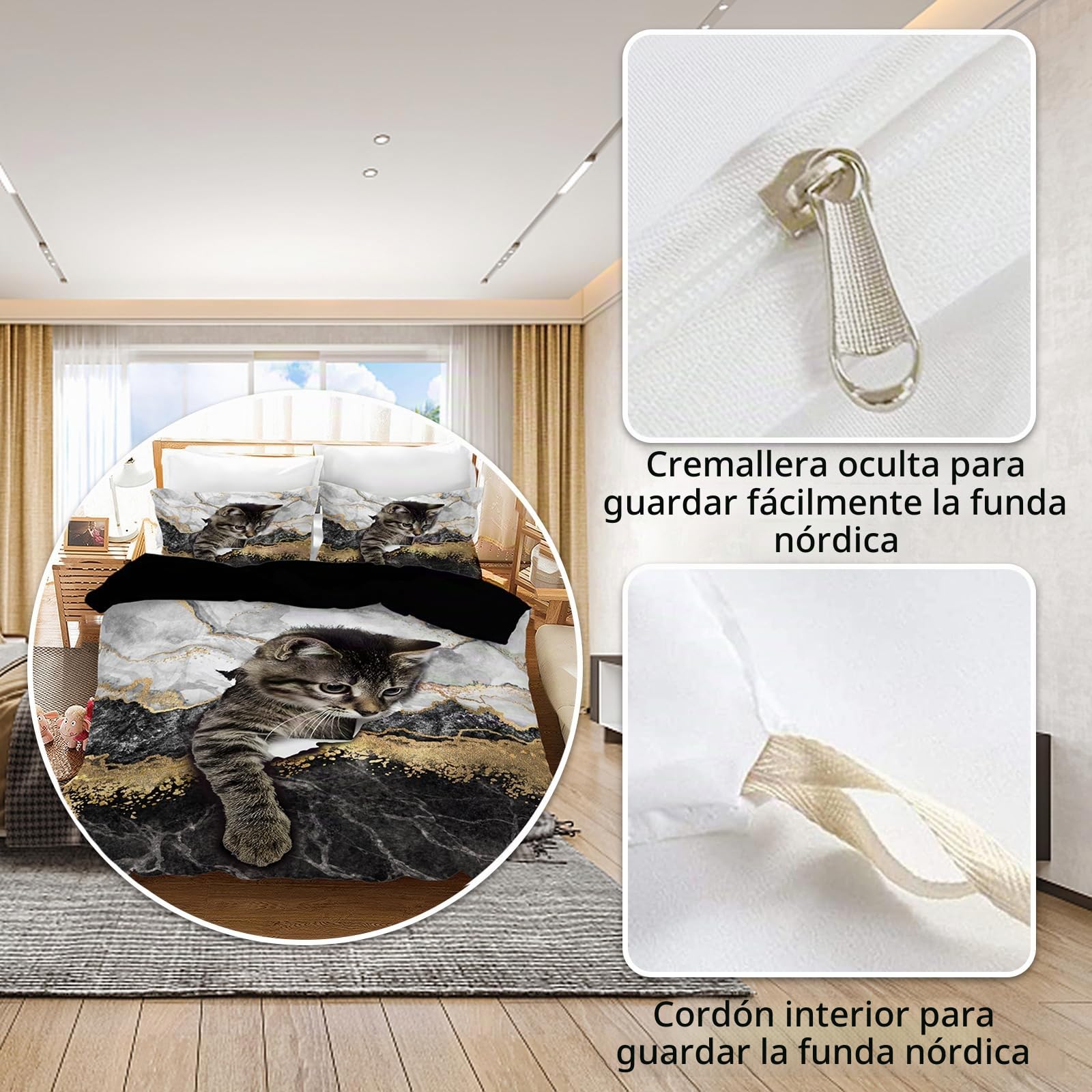 Funda nórdica de Matrimonio 220 x 240 Gatos, 3D Juego de Ropa de Cama para Gatos Lindos 3 Piezas, Incluye 1 Funda nórdica y 2 Fundas de Almohada 50 x 75 cm (B, 220x240cm)
