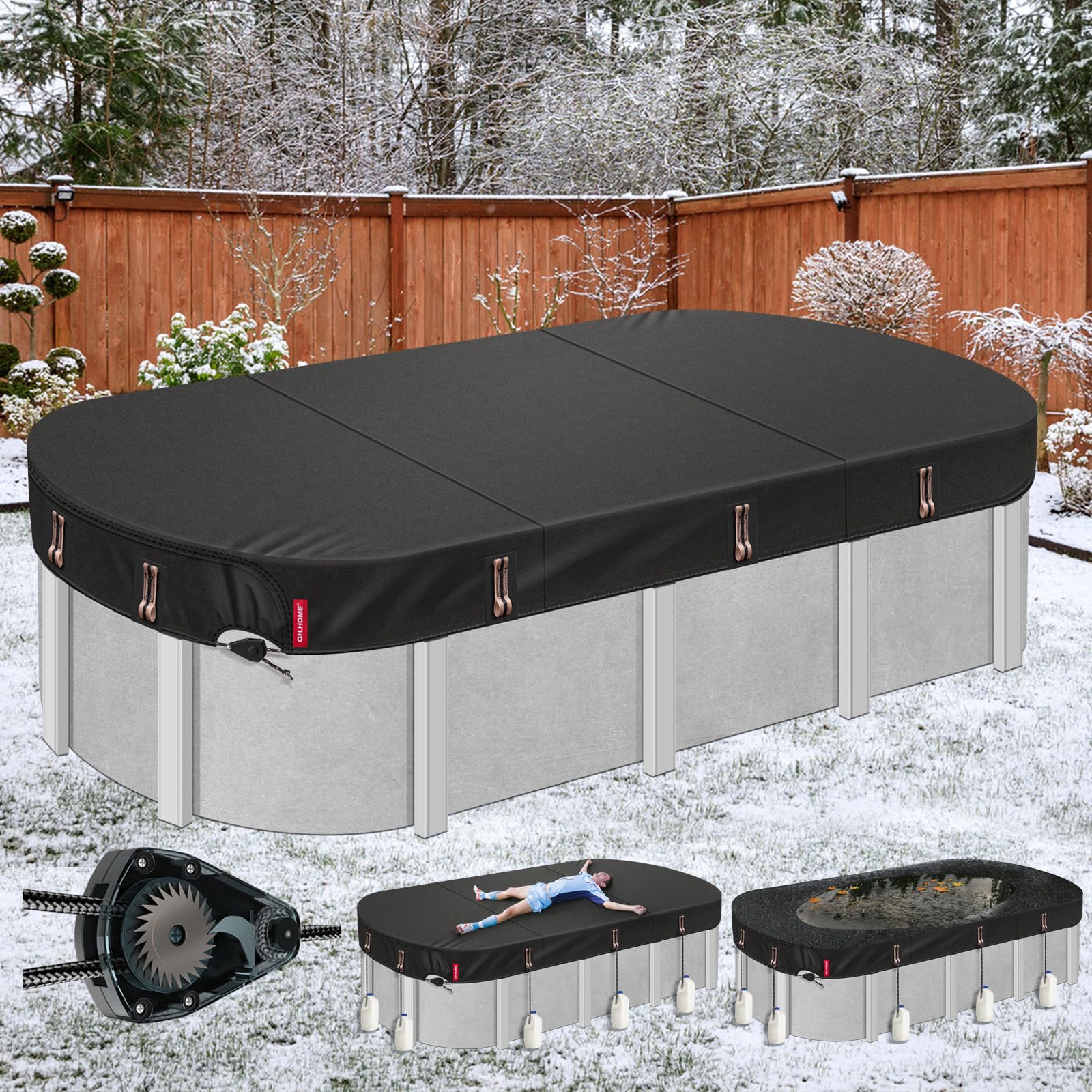QH.HOME Winter Oval Pool Cover for 16x32 Ft Steel Wall Oval Pool, [2025 Upgraded Heavy Duty Fabric Durable&Ultimate Windproof] with Fast Tightening Ratchet,Cold and UV Resistant