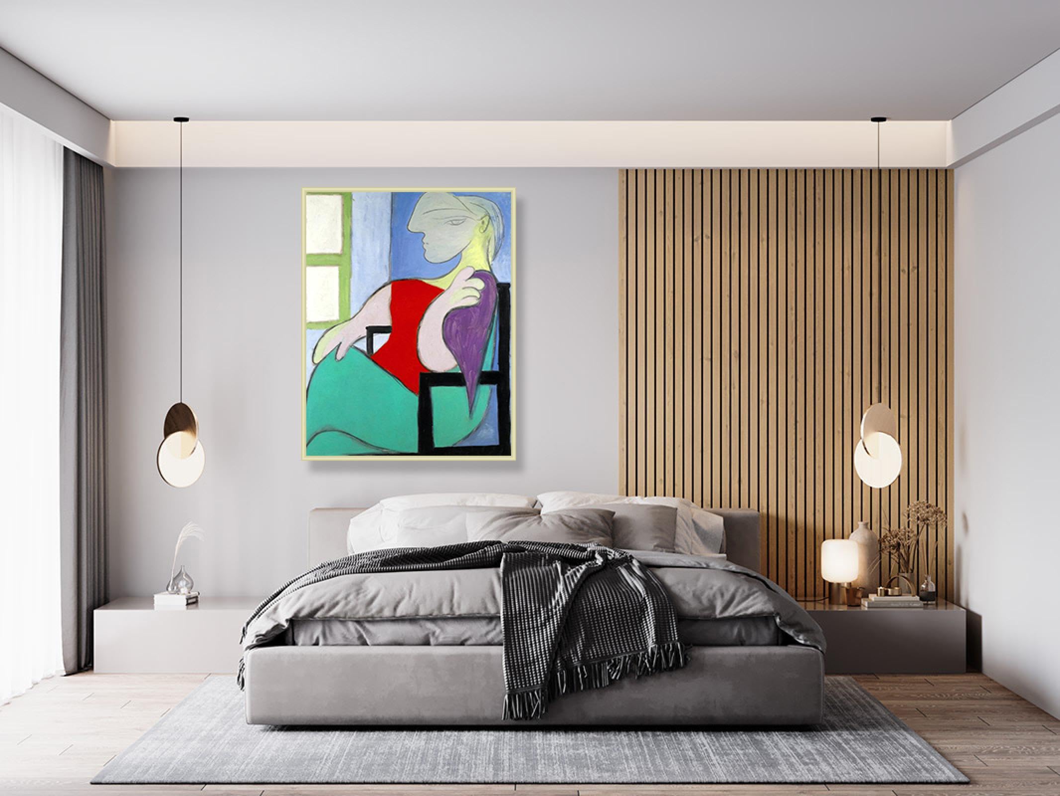 NHLDZYH Szampańska srebrna ramka - Picasso wydruk na płótnie obraz kobieta siedząca w pobliżu okna - Picasso obrazy na płótnie z ramą - Picasso Picasso wydruk na płótnie 40 x 50 cm