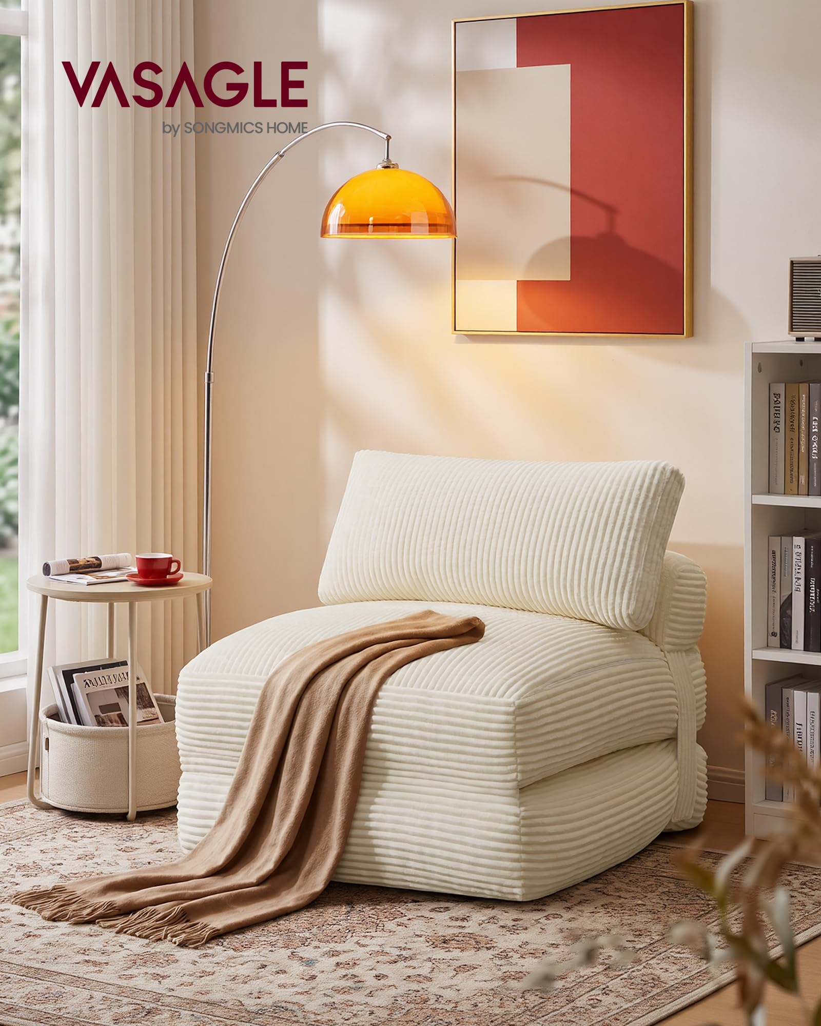 VASAGLE Sofá Cama Plegable, Sillón de Pana con Espuma de Alta Densidad, 89 x 89 x 78 cm / 89 x 195 x 43 cm, Blanco Cálido Claro, para Espacios Pequeños y Salón, Colección Camila LCS211W101