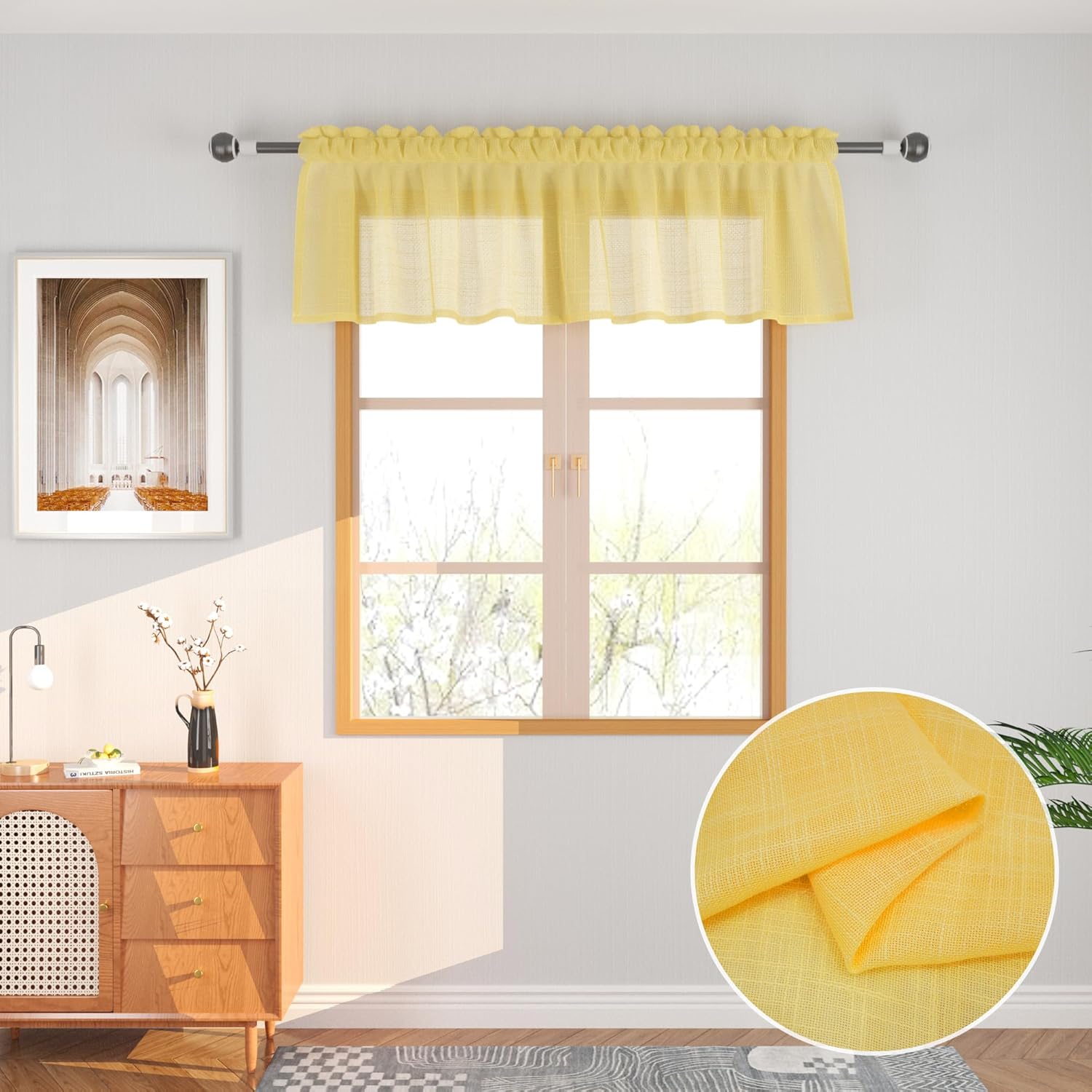 UPOPO 4 Pieces Yellow Valance for Windows 16 inch Sheer Linen Textured Open Weave Short Small Mini Curtains Topper Farmhouse Vintage Living Room Bedroom Door Kitchen Bathroom Rod Pocket 52"x16"