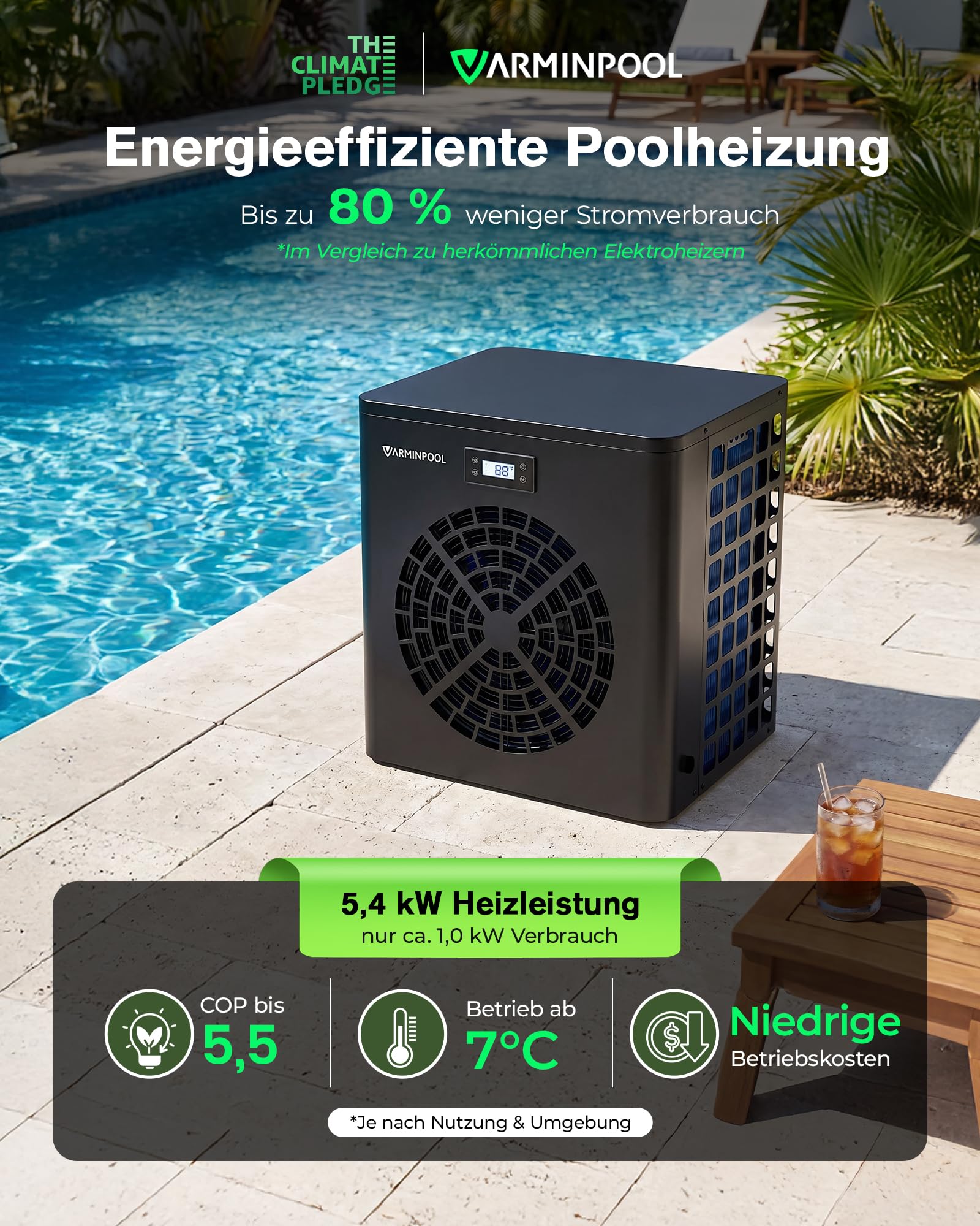 Pool Wärmepumpe 5,4 kW, Poolheizung für Aufstellpool bis 16–20 m³, COP bis 5,5, Leise 50 dB, Titan Wärmetauscher, WLAN App Steuerung, Heizen & Kühlen