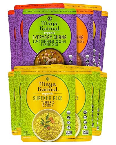 Maya Kaimal Everyday Chana paquete variado, paquete de 6 unidades de 10 onzas y arroz Surekha de cúrcuma y comino de 8.5 onzas, paquete de 6