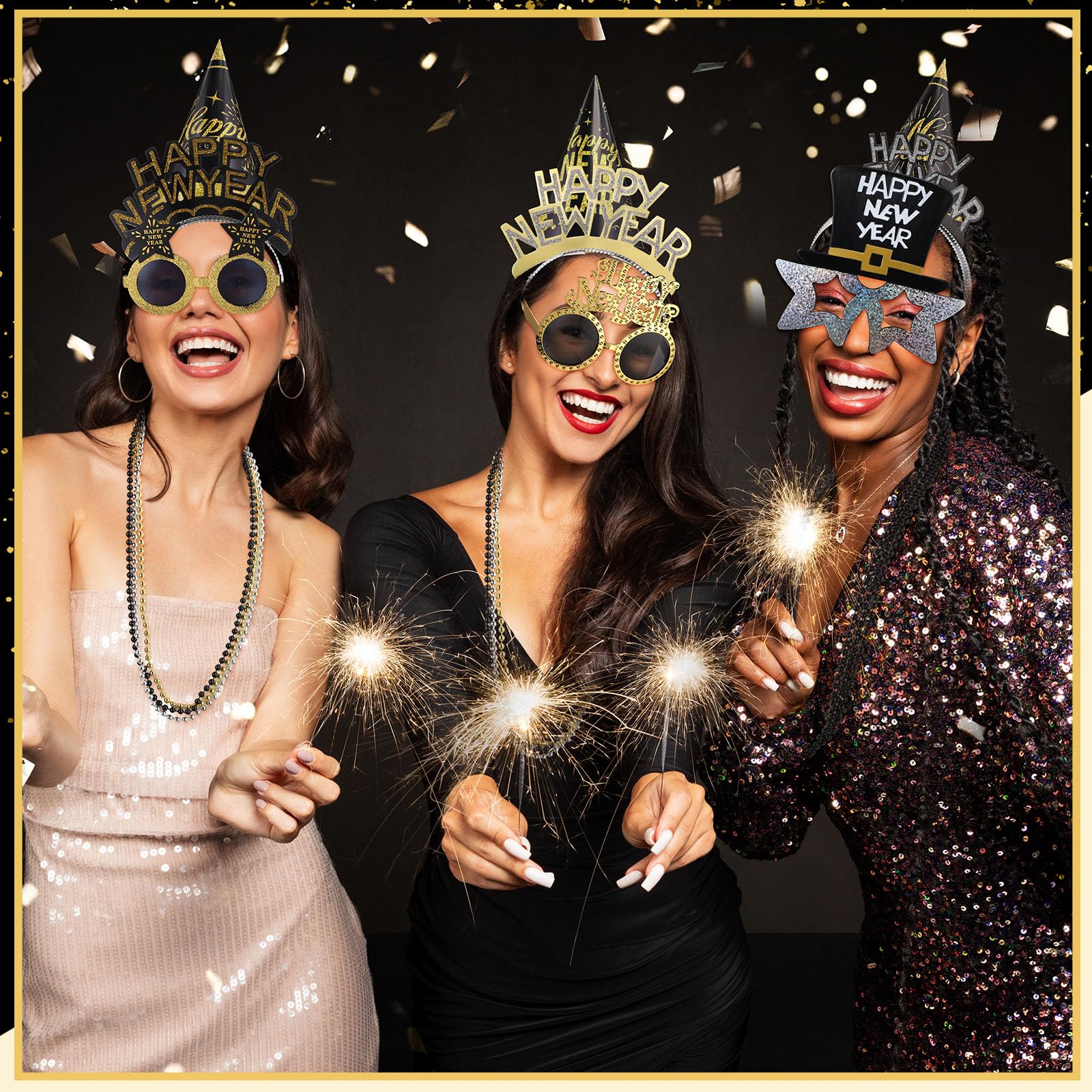 Poen 192-teiliges Silvester-Party-Zubehör beinhaltet 48 Neujahrs-Stirnbänder, 48 Brillen, 48 Lärmmacher, 48 Perlen-Halsketten für Erwachsene 2025, Neujahrstag, Weihnachtsdekoration, Gastgeschenke