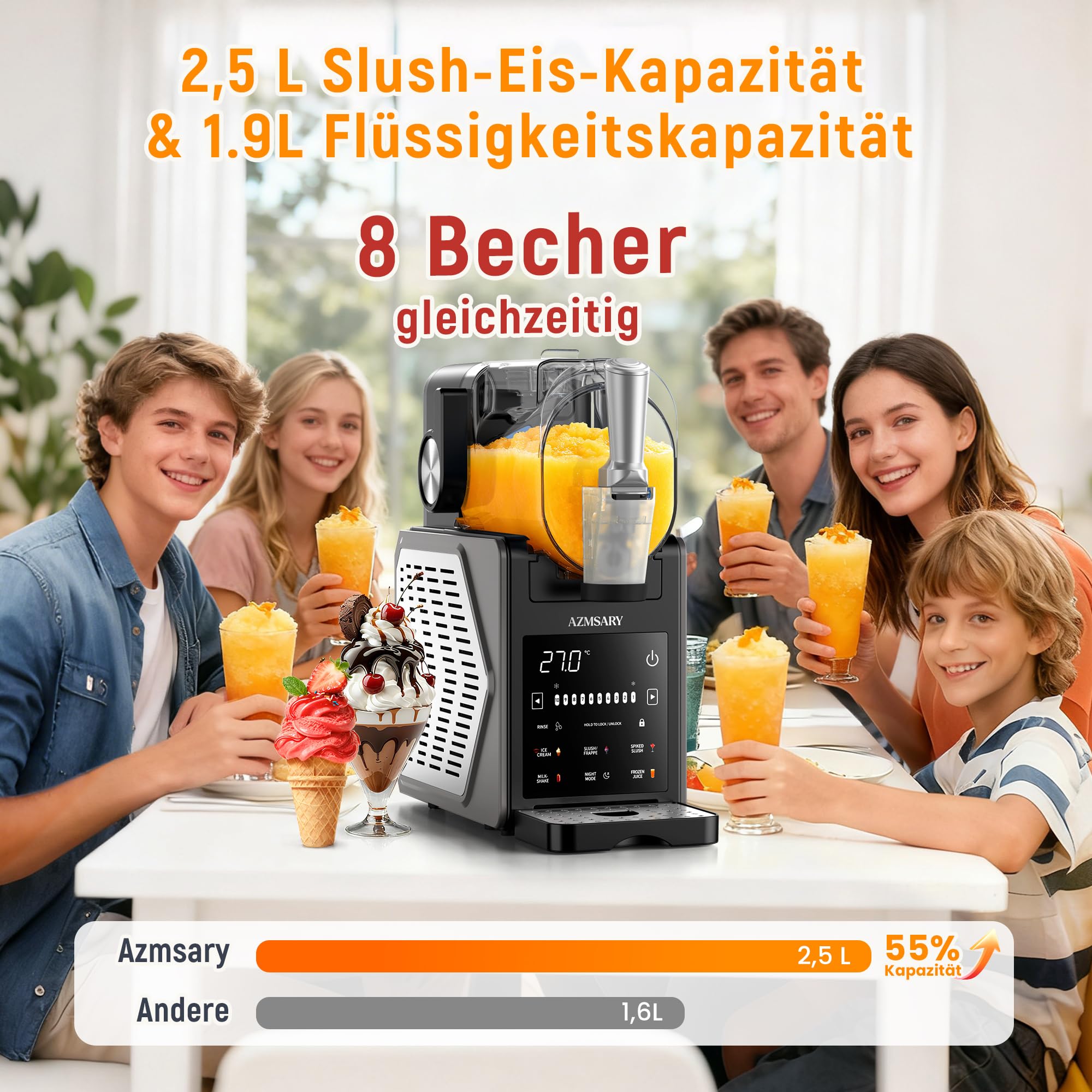 Slush Maschine 2,5 L Eismaschine mit LED-Display, 6 Programmen, automatischer Reinigung