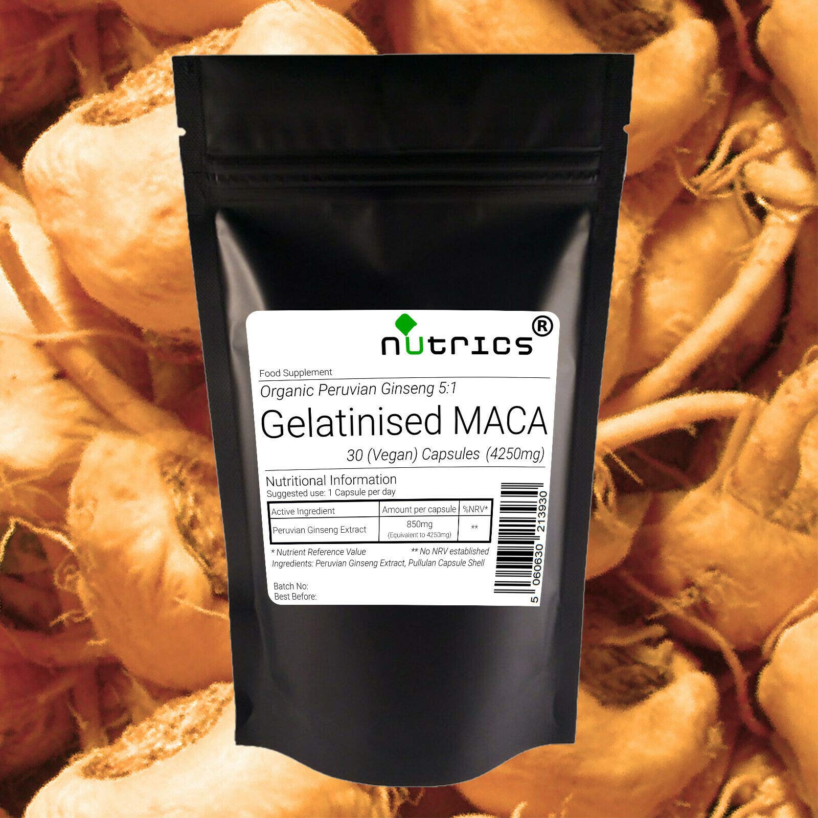 Nutrics8500mg per Capsule Gelatinised RED MACA Root Extract Peruvian Ginseng 60 Vegan Capsules (2 Months Supply) No Fillers Binders or Bulking Agents Pure