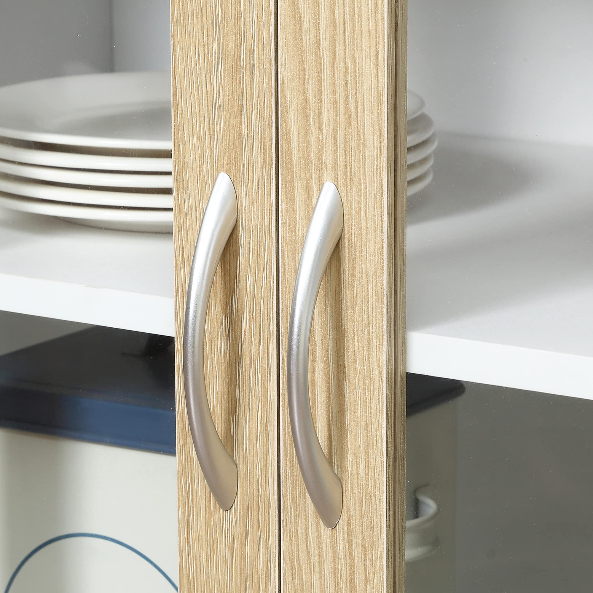 HOMCOM Alacena de Cocina Alta, Mueble Auxiliar de Cocina, con 4 Puertas de Vidrio, Encimera Abierta para Microondas, Cajón, Estantes Ajustables, 80x40x180 cm, Blanco y Natural