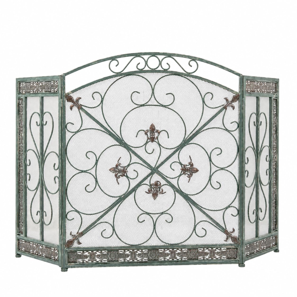 Deco 79 Malla de Malla Plegable de Metal para Chimenea, 3 Paneles, con diseños de Flor de lis y volutas, 52 x 1 x 31 Pulgadas, Color Negro