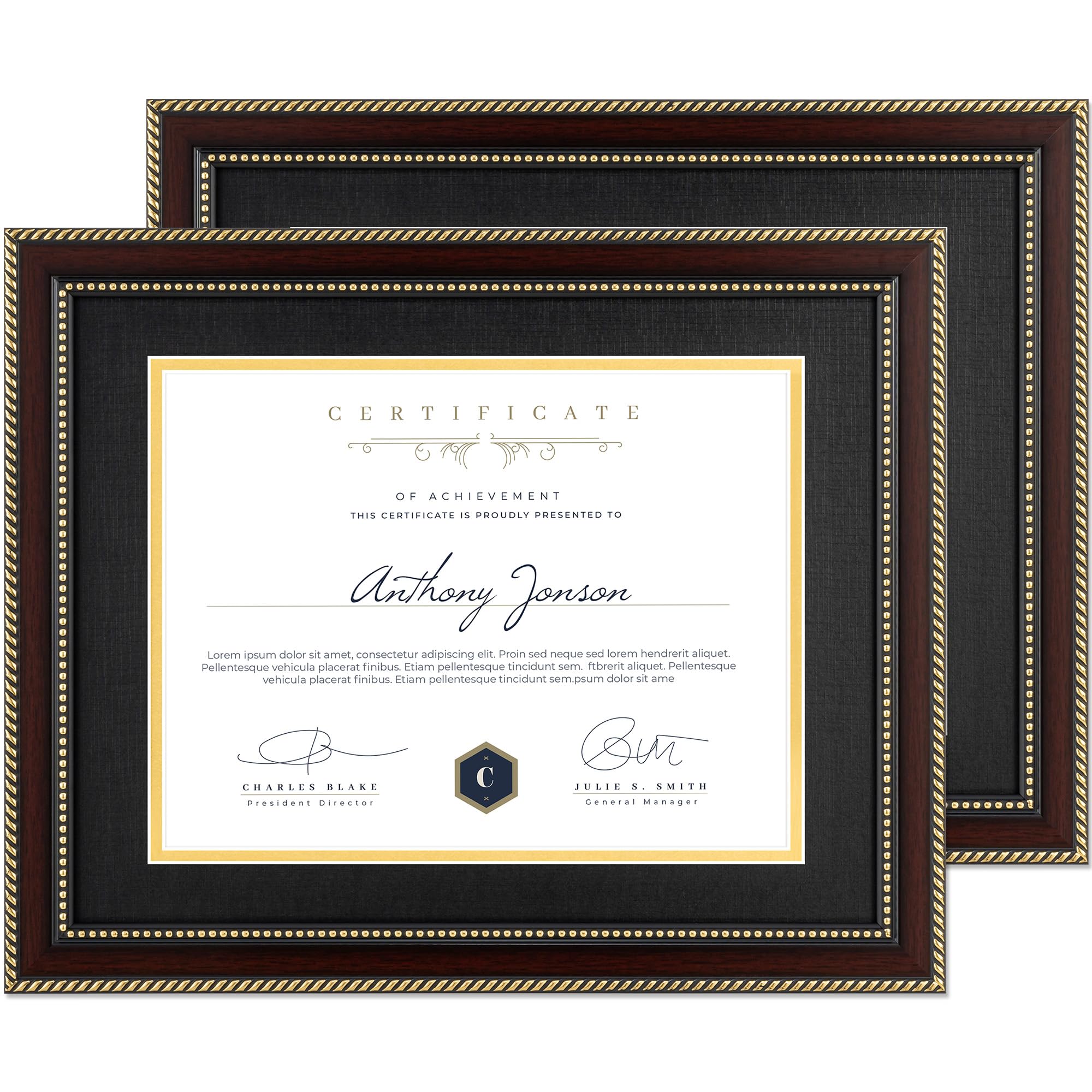 FLYJOE 8.5x11 Diploma Frame 2Pack with Black over Gold Mat or Full Display 11x14 Document Certificate Frame for Diploma Degree with HD Tempered Glass Graduation Picture Frame, Mahogany