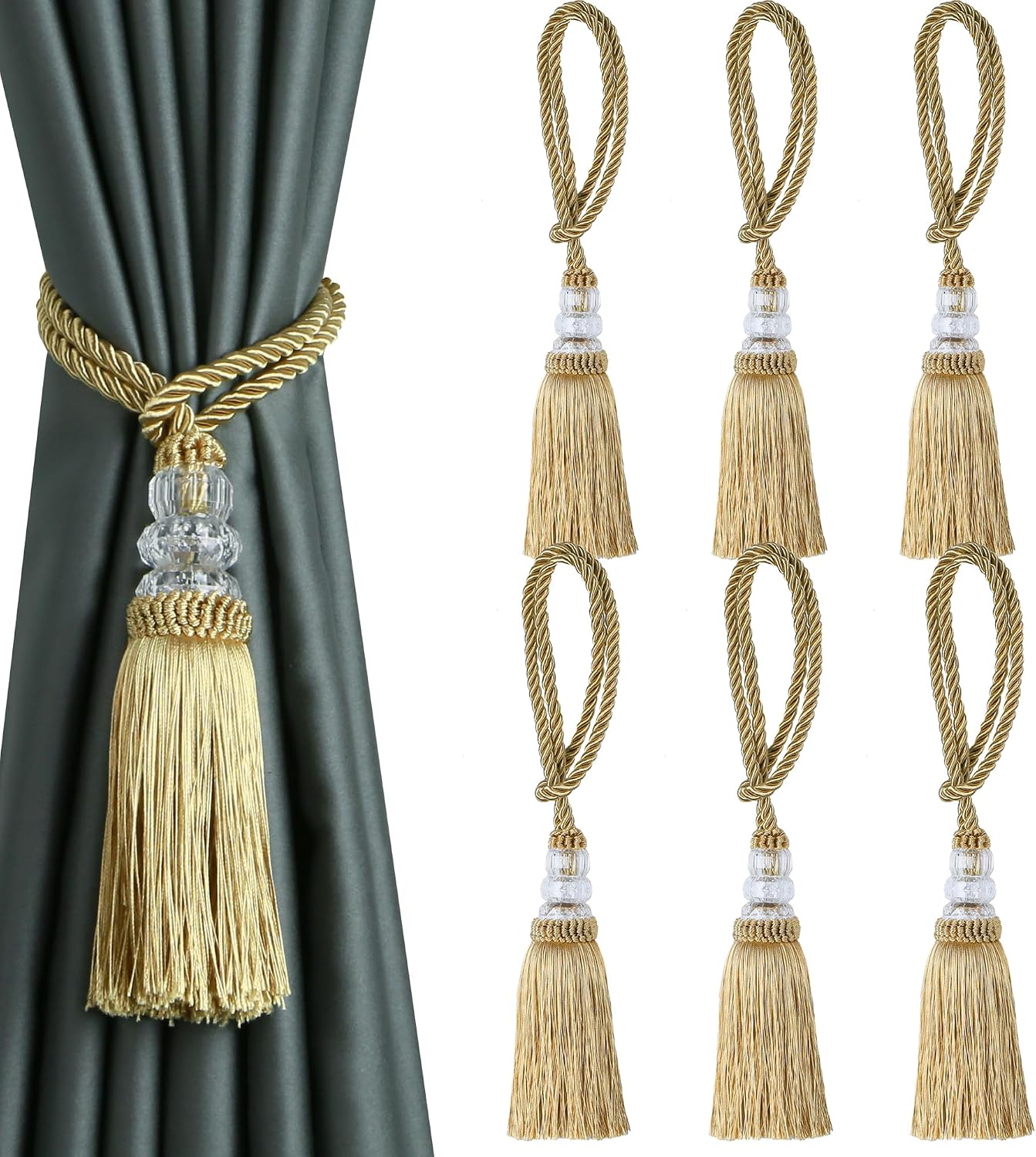 6 Pack Curtain Tiebacks with Tassel, Outdoor Elegant Decorative Curtain Holdback,Modern Rope Window Curtain Ties Backs for Draperies (6, Gold)