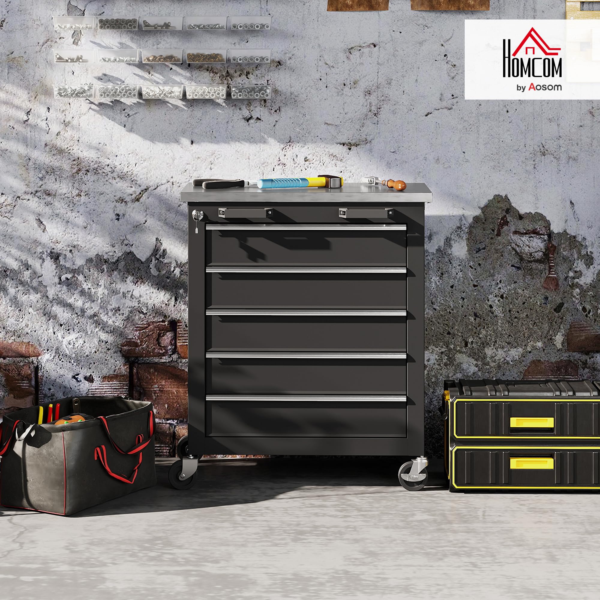 HOMCOM Carro de Herramientas con 5 Cajones y Cerradura, Carro de Taller con Ruedas con Freno y Encimera de Acero Inoxidable, Caja de Herramientas con Conectores Laterales, para Garaje, Negro y Plata