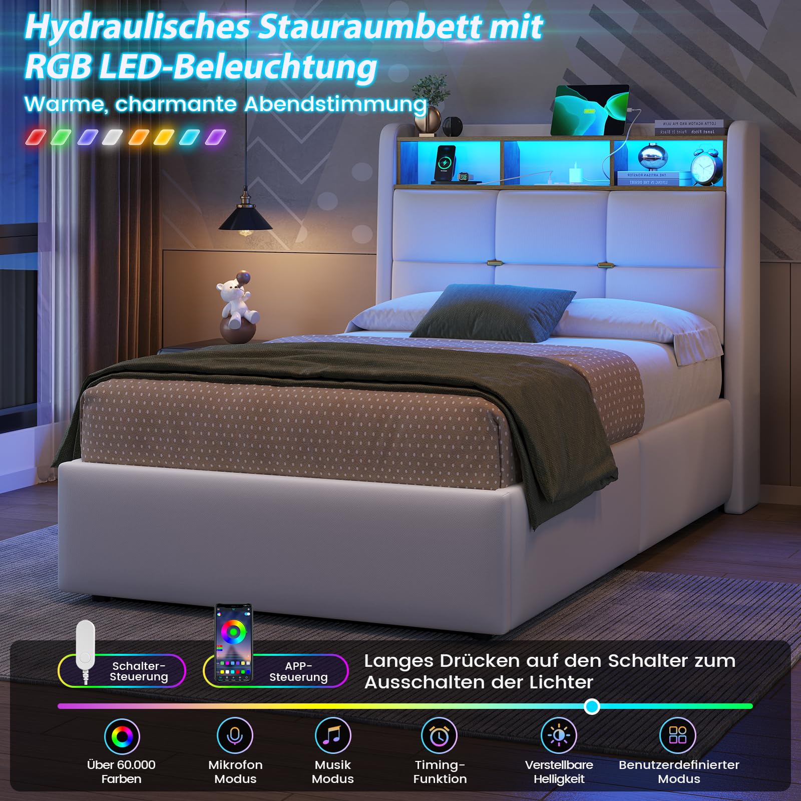 DICTAC Letto per ragazzi 90 x 200 cm, con illuminazione a LED e ciabatta, 90 x 200 cm, con vano testiera, telaio in lino, per adulti, 90 x 200 cm, con rete a doghe, porte USB e vano testiera, colore