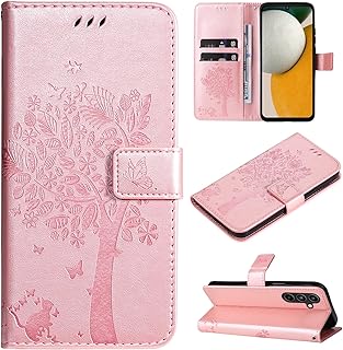 ScandiCasis Funda con tapa para Samsung Galaxy S24/S25, diseño de árbol, de piel, con 2 ranuras para tarjetas, cartera, soporte, cierre magnético a prueba de golpes, color oro rosa