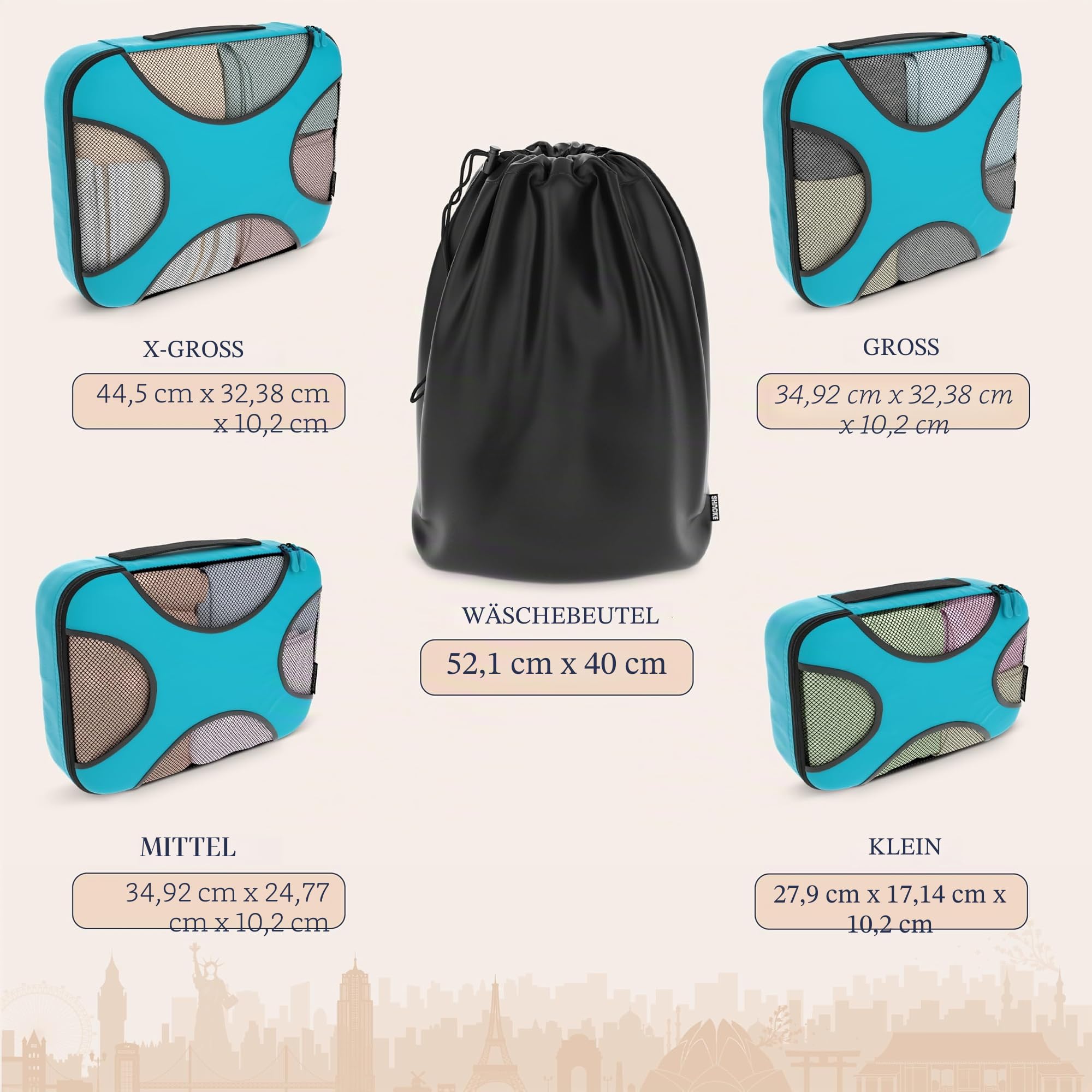 Shacke Packung - Packwürfel 4er Set – Reiseorganisierer Mit Wäschebeutel (Aquamarin)