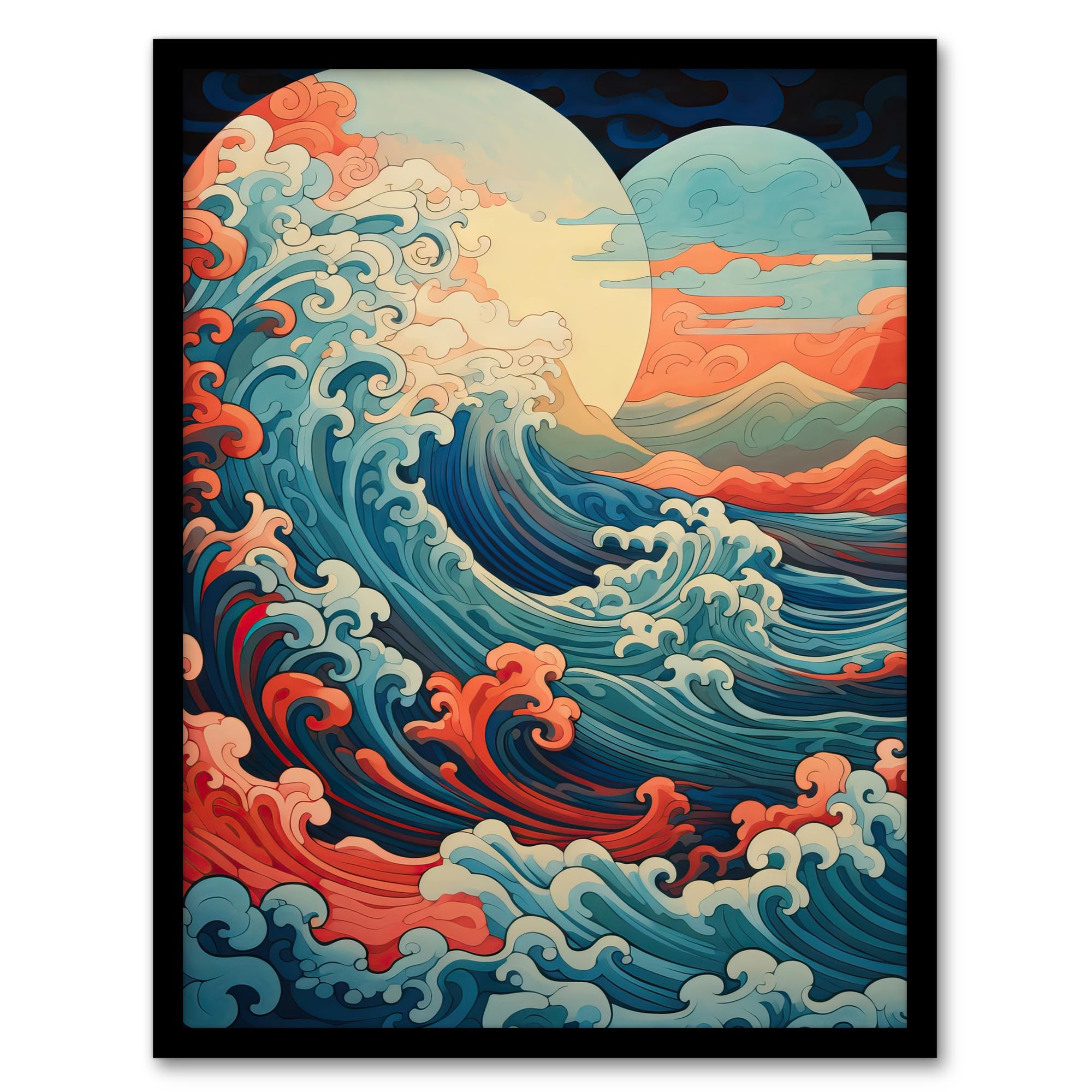 Artery8 Sea Waves Sunset Seascape Painting Pink Red Blue Great Wave Off Kanagawa Stylised Depiction Artwork Framed Wall Art Print A4