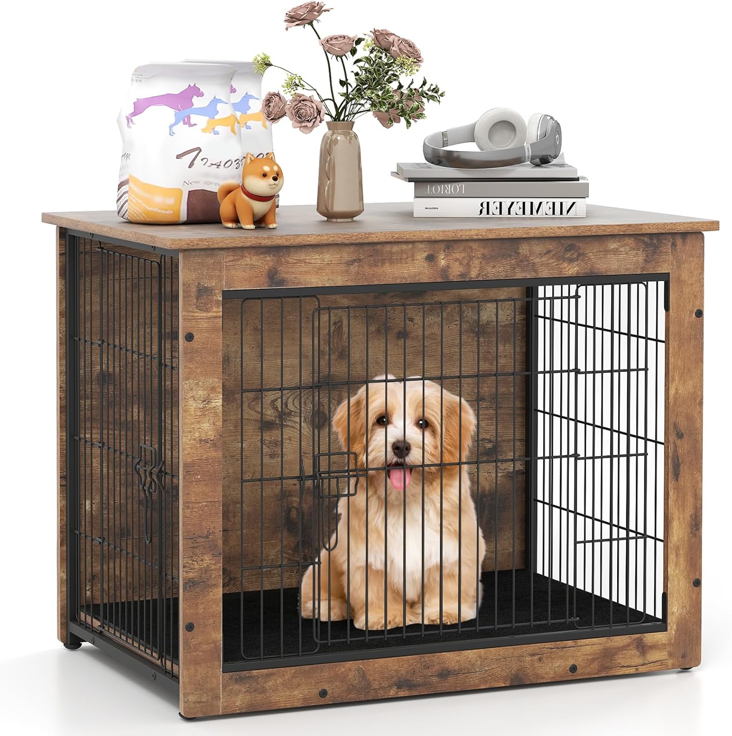 Giantex Dog Crate Furniture with Cushion - 33" L Indoor Dog Kennel with Double Doors, Left or Right Side Door, Wooden Dog Cage Pet House Side End Table for Medium Dogs, up to 45 lbs, Rustic Brown