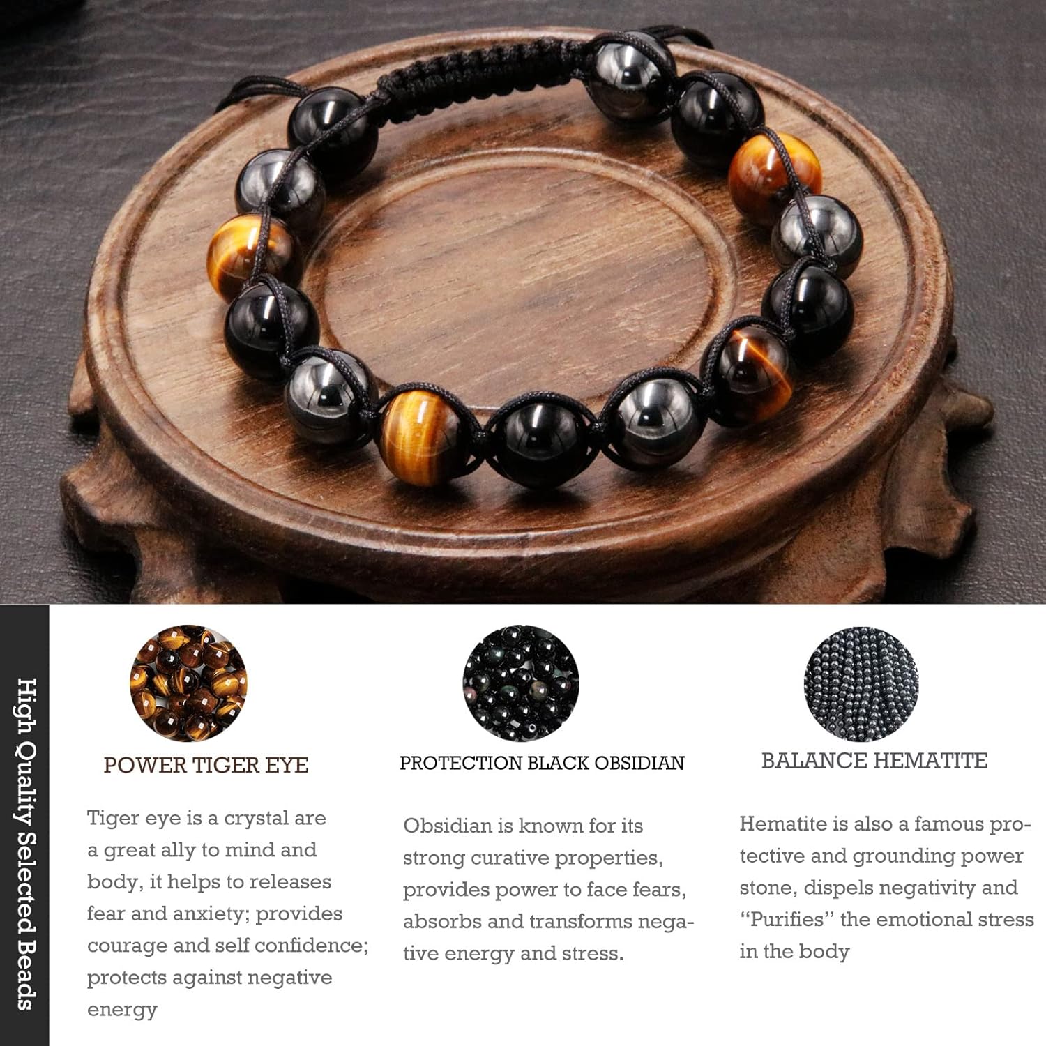 Triple Protection Bracelet for Women Men, 10mm Crystal Beads Bracelet Handmade with Real Tiger Eye Black Obsidian and Hematite, Natural Crystal Bracelet Mens Christmas Gift for Protection and Balance - Image 6