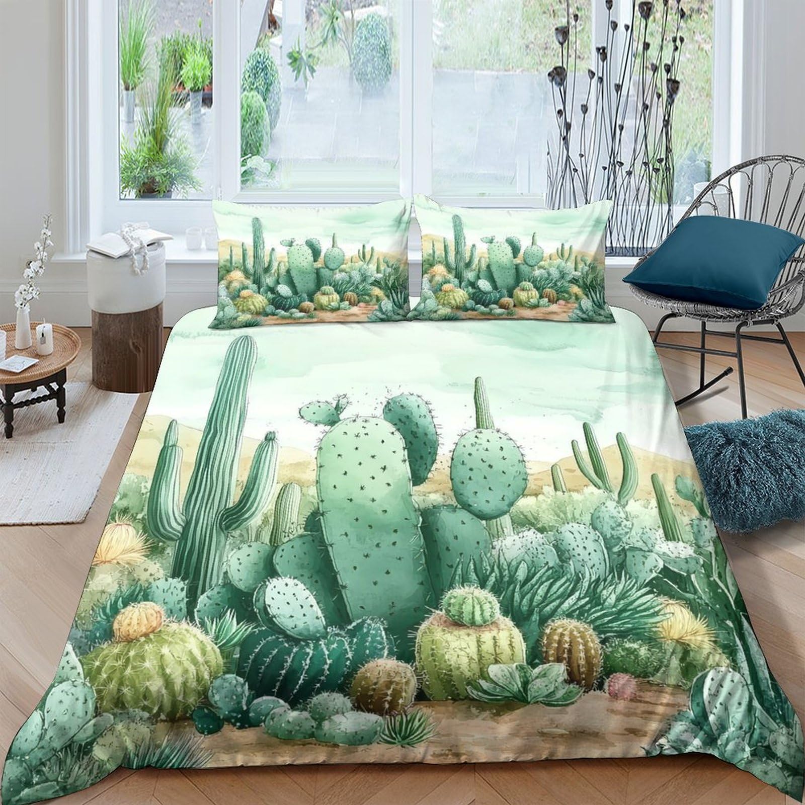 GPLZQXKJNH 3D Printed Cactus Desert Duvet Cover Microfiber Green Succulent Quilt Cover Set with 2 Pillowcases for Bedroom Decor Single（135x200cm）