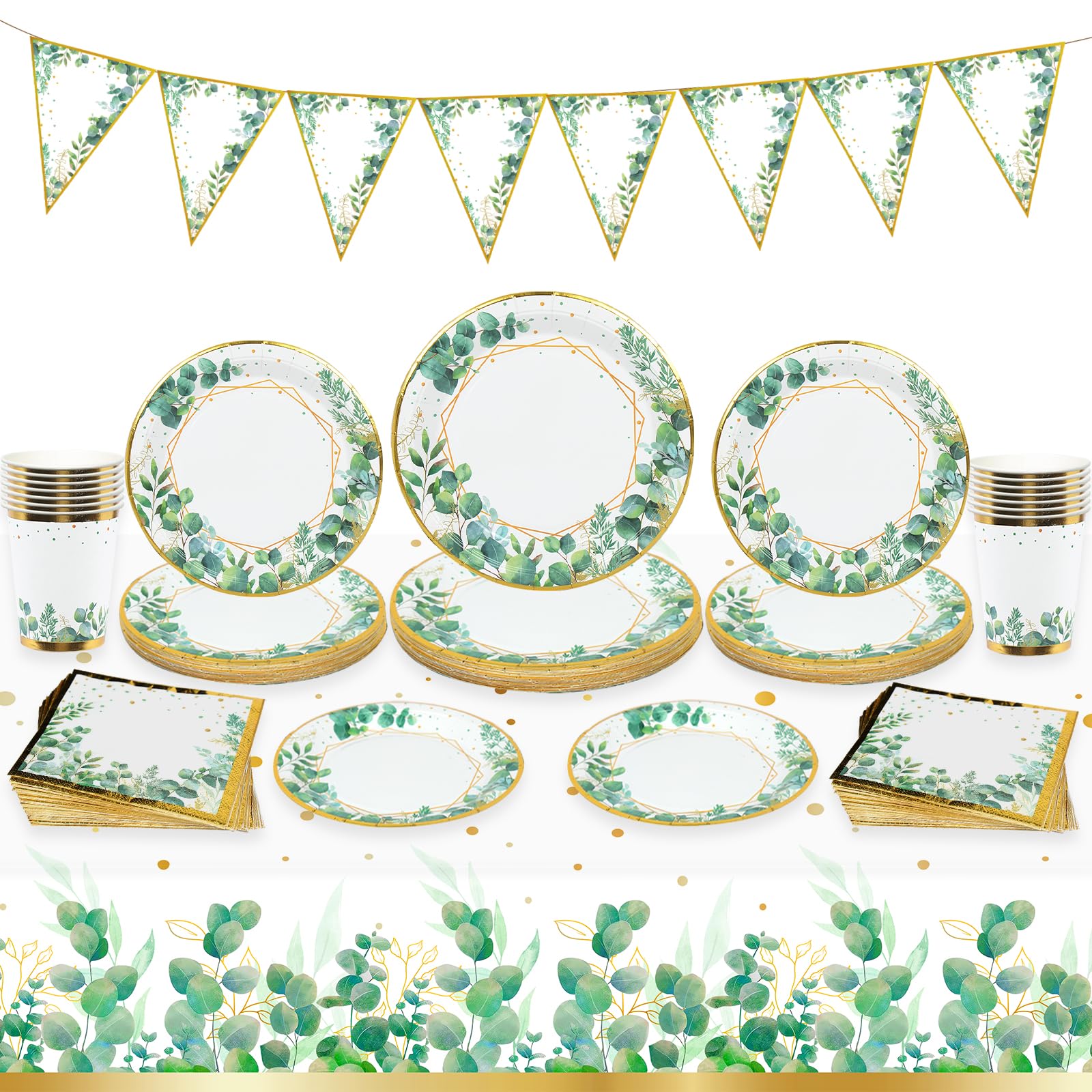 98PCS Sage Green Party Tableware Set | Disposable Plates, Cups, Napkins, Tablecloth & Banner - Perfect for Baby Showers, Birthdays, Safari Parties