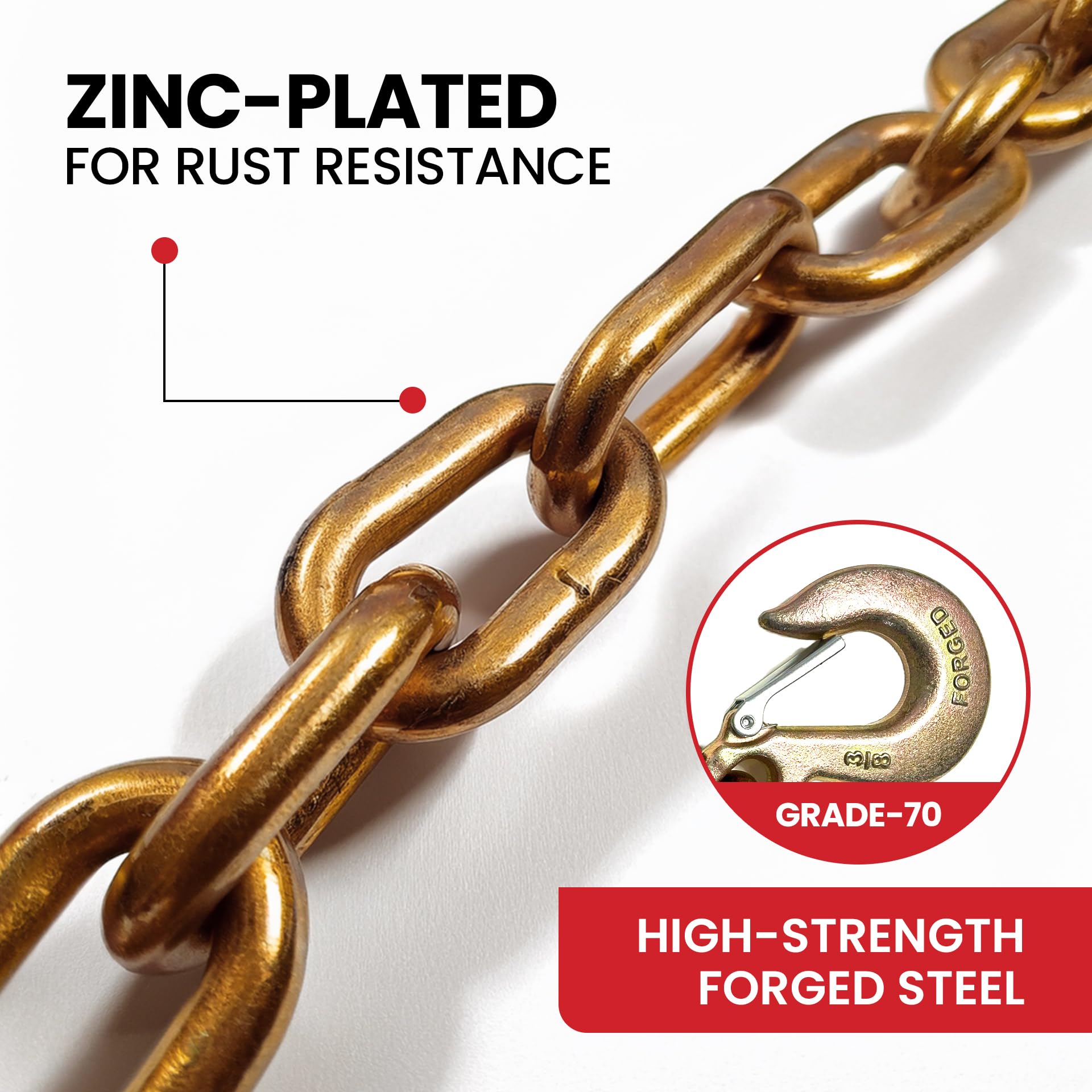 Catena di traino resistente di grado 70 con gancio antiscivolo in acciaio forgiato, zincata, resistente alla corrosione (9071,8 kg)