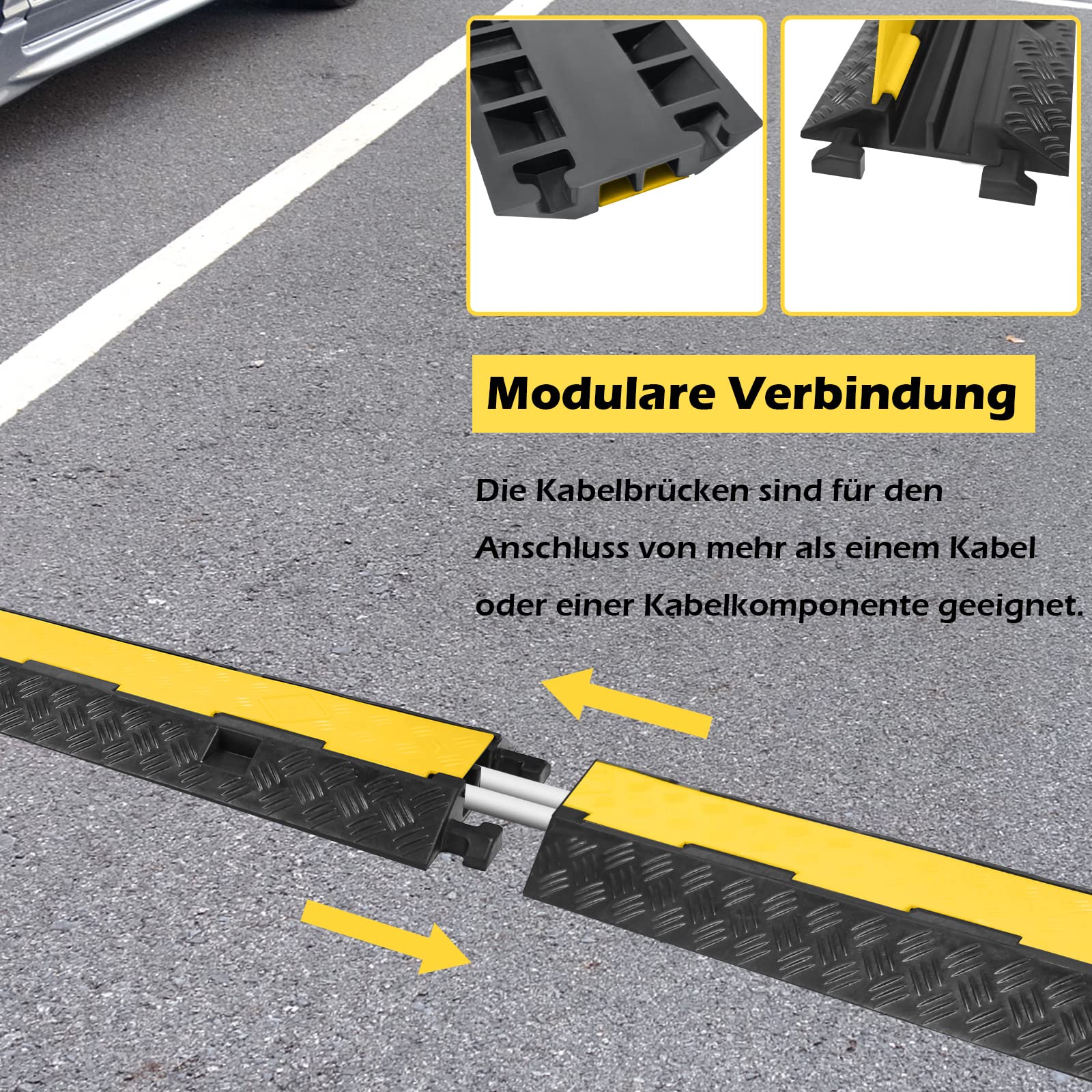 YRHome Ponte per cavi a 2 canali, protezione da attraversamento, 100 x 24 x 5 cm, con coperchio, rampa estraibile, protezione per fermi, in gomma, protezione per auto e camion,