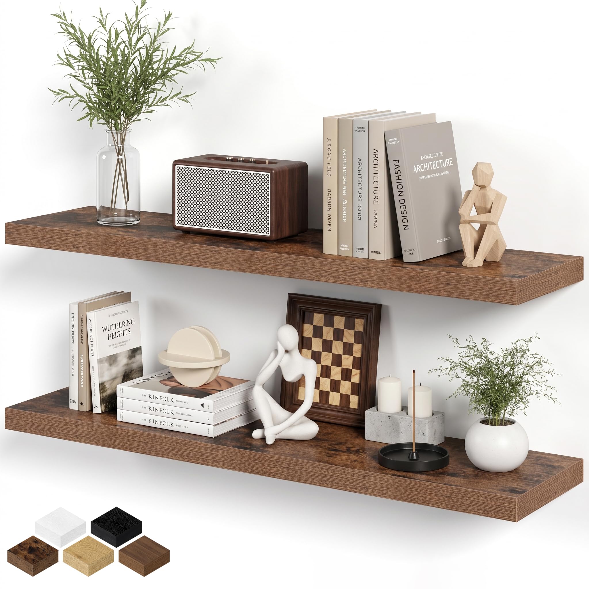 Fun Memories 100cm Floating Shelves for Wall, 20cm Deep Floating Shelf for Books, Deep Bathroom Shelves Wall Mounted, Rustic Display Shelf for Kitchen, Bedroom, Living Room, Rustic Brown, 2 Pack