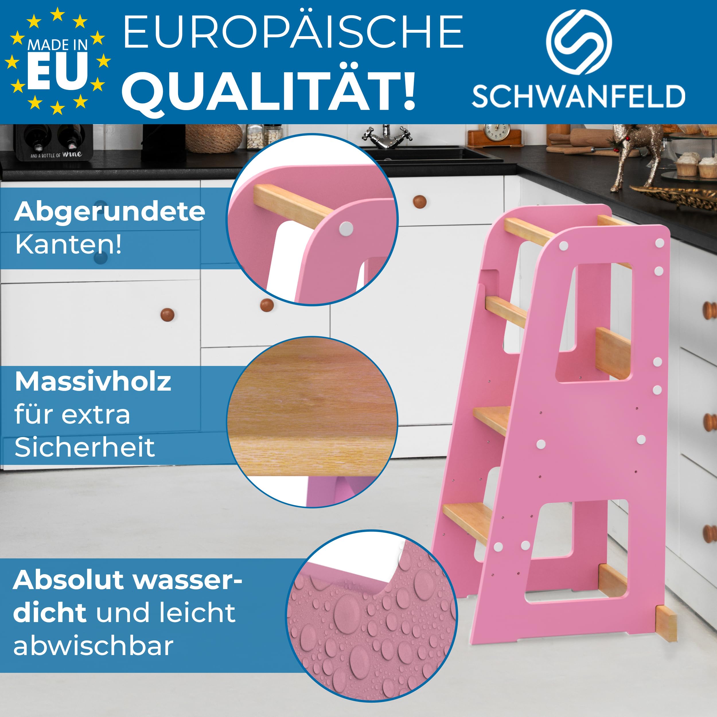 SCHWANFELD Torre de aprendizaje a partir de 1 año (protección antivuelco)- Incluye accesorios de montaje - Torre de aprendizaje Montessori de madera maciza FSC irrompible (hasta 50 kg de carga)