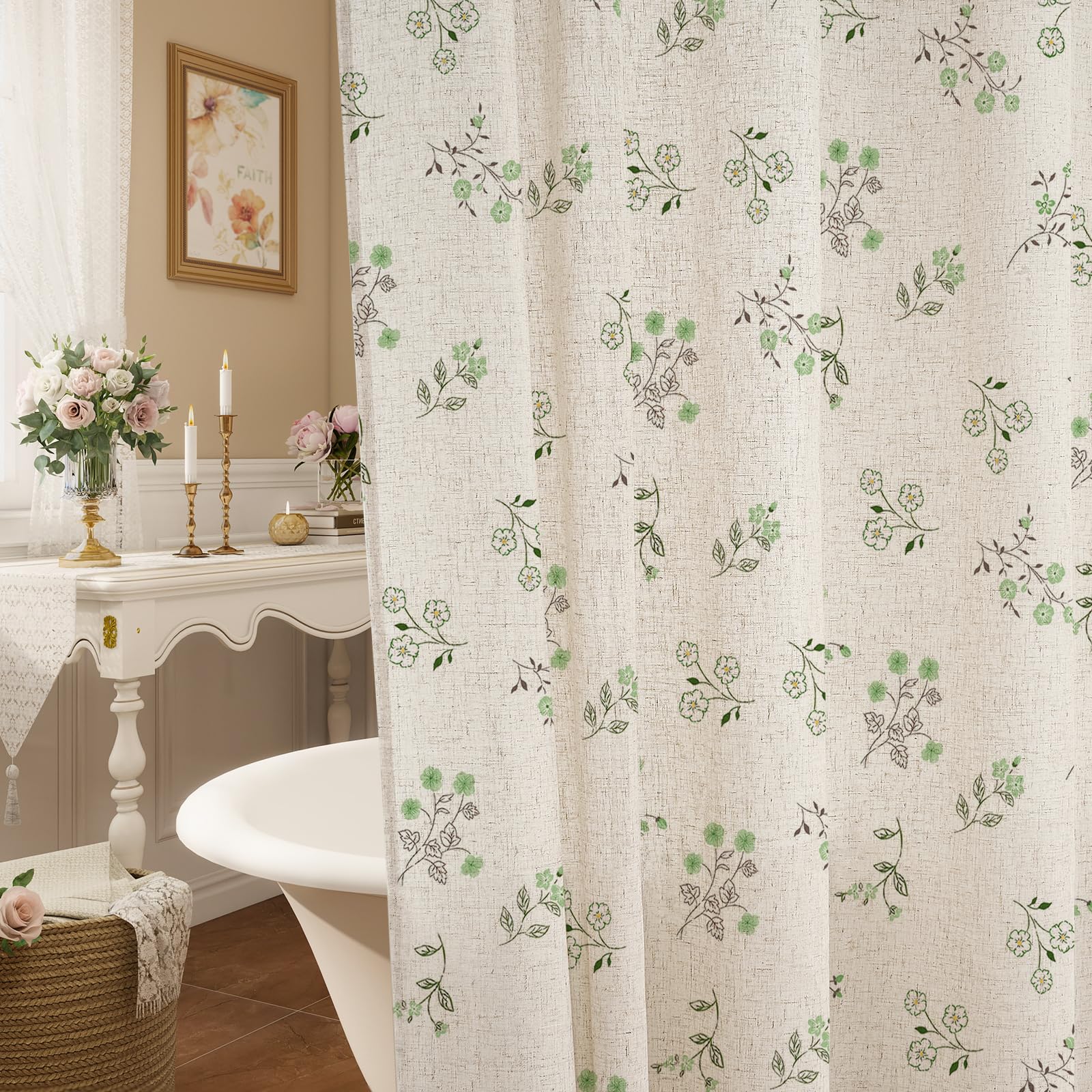 Farmhouse Green Floral Linen Shower Curtain, Boho Vintage Spring Shower Curtains for Chic Elegant Bathroom Decor, Cottage Garden Botanical Fabric Bath Curtain, French Country Style, 72 x 72