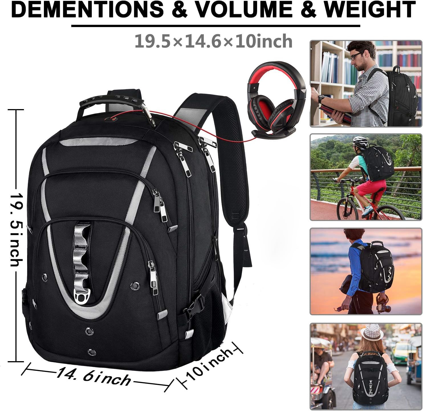 Sac à dos pour ordinateur portable extra large pour femmes et hommes, Noir/argenté, 17inch(19.0 * 14.6 * 10"), Suisse, voyage, plein air, très résistant