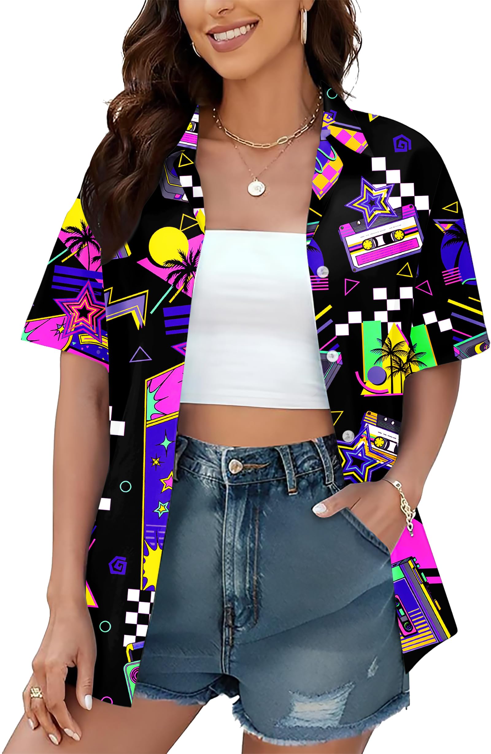 VVNTY Chemise hawaïenne pour femme, années 80 et 90, boutonnée, rétro, été, fête, chemisier à manches courtes